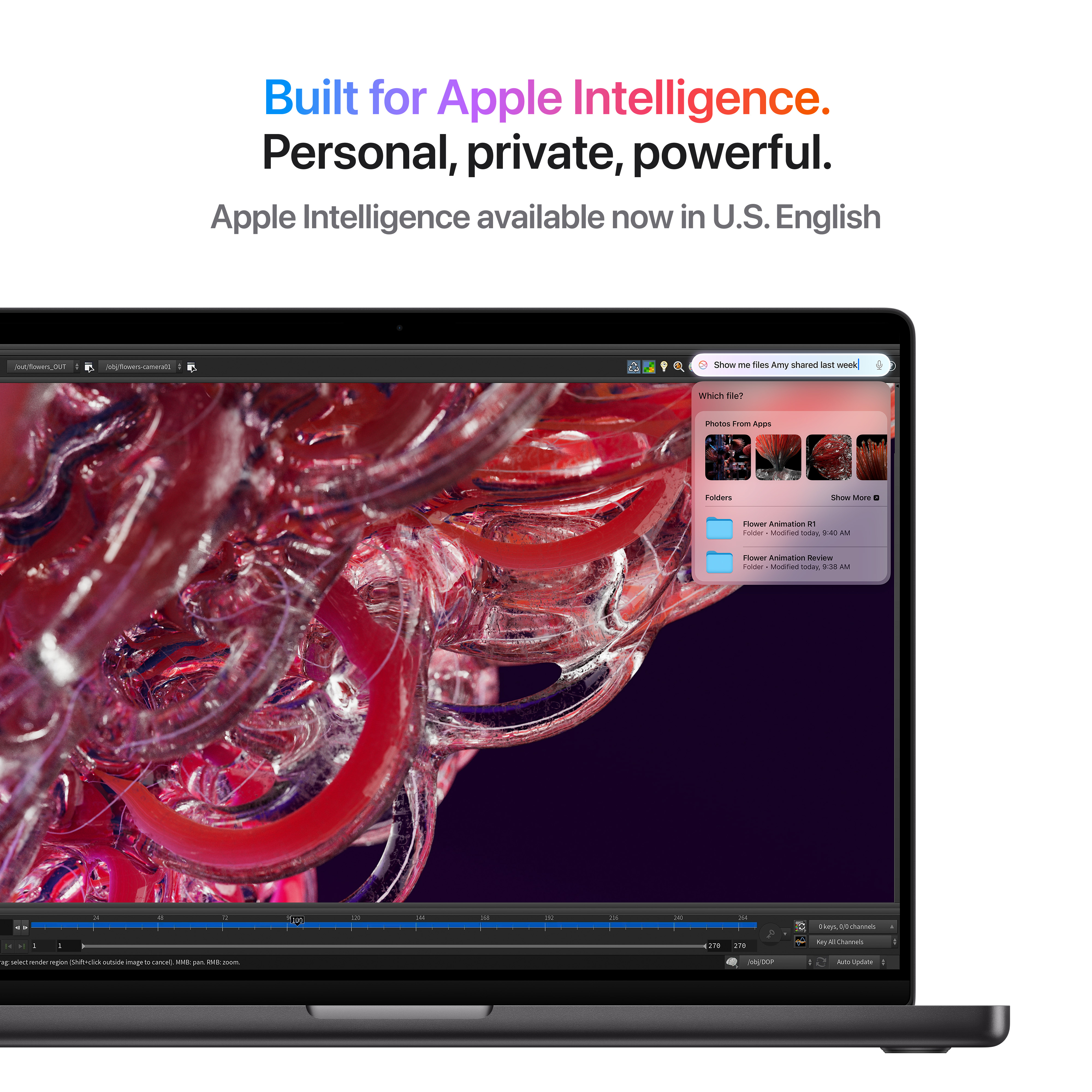 Schermo del laptop con immagine astratta rossa complessa e testo 'Built for Apple Intelligence'.