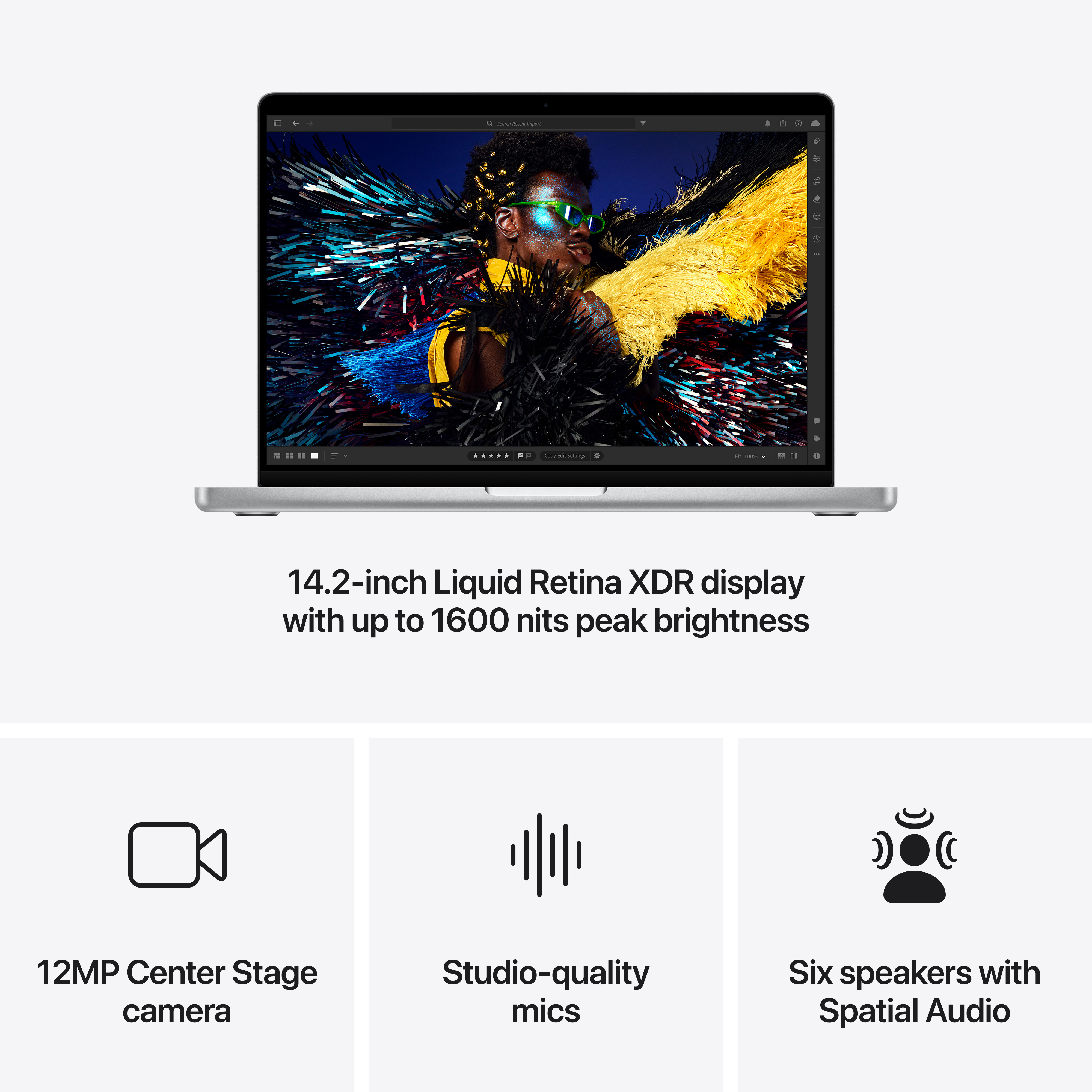 Un MacBook Pro da 14,2 pollici con display che mostra un'immagine colorata e icone funzioni.