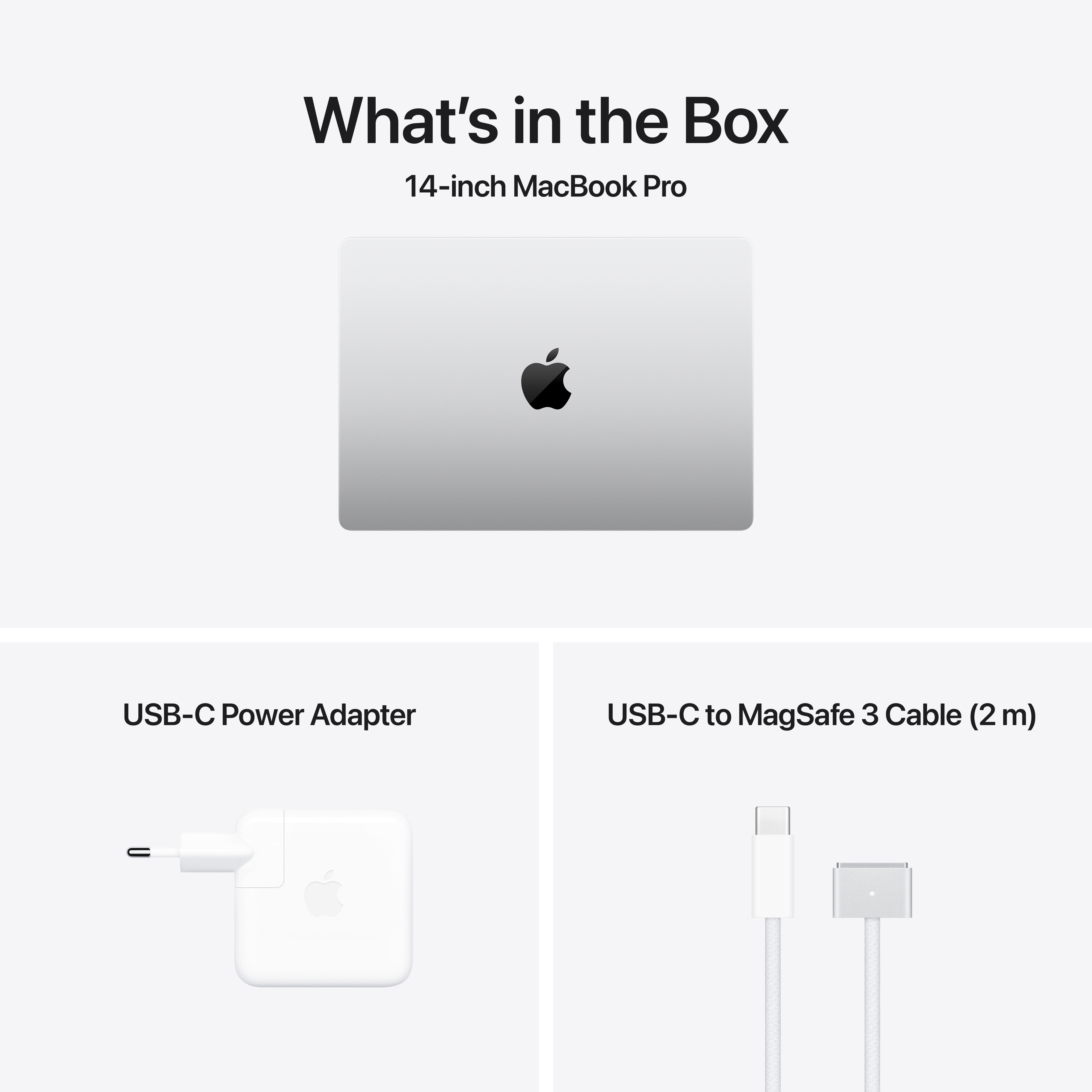 Adattatore di alimentazione bianco, cavo USB-C e un laptop chiuso, con logo Apple nero.