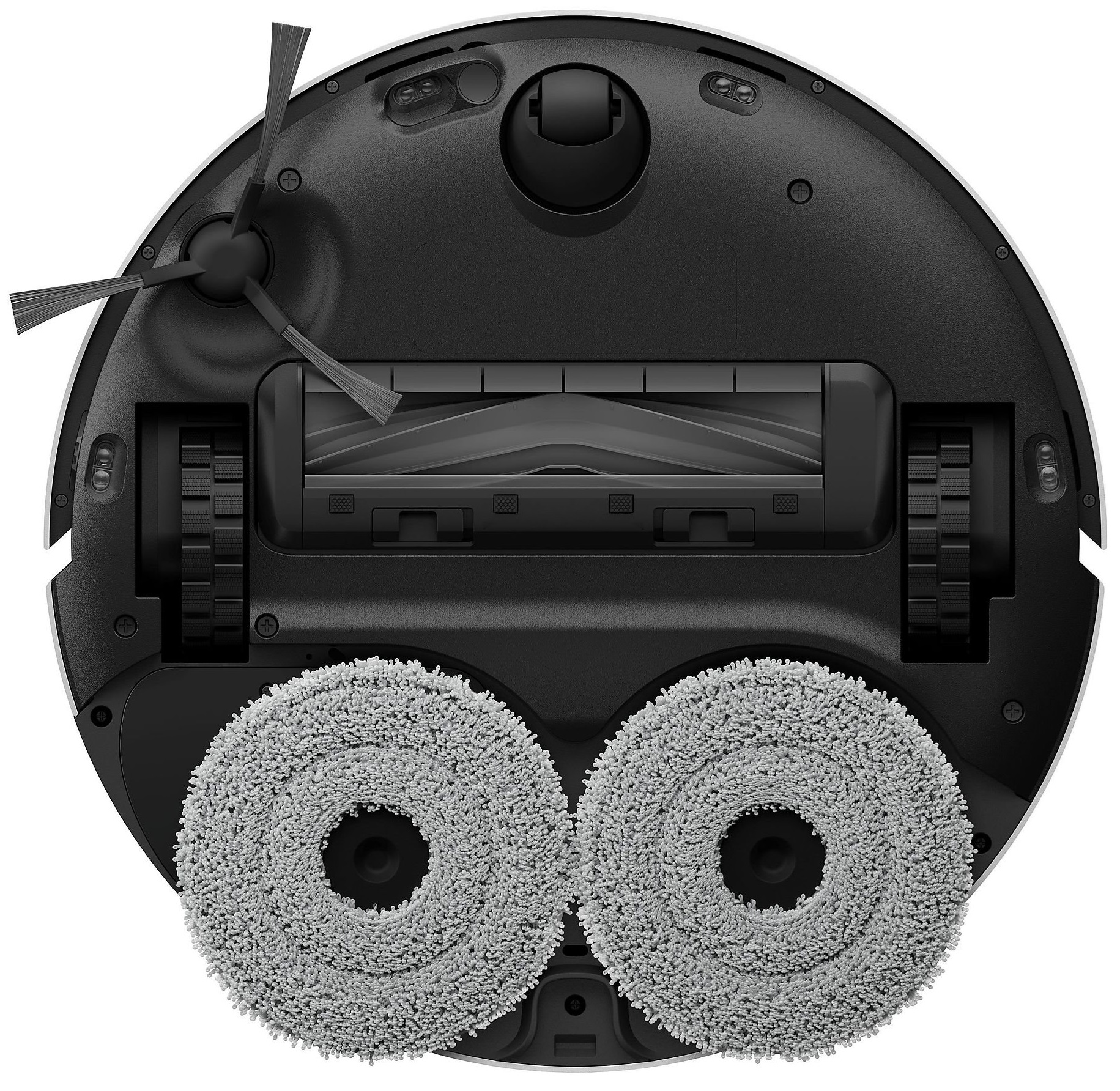 Widok od spodu odkurzacza automatycznego. Pokazuje szczotki, koła i nakładki czyszczące.