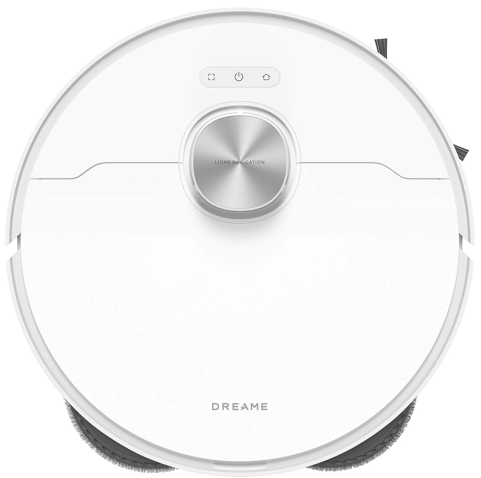 Biały odkurzacz robot z srebrnym środkiem. Ma dwie szczotki i czarno-biały design.