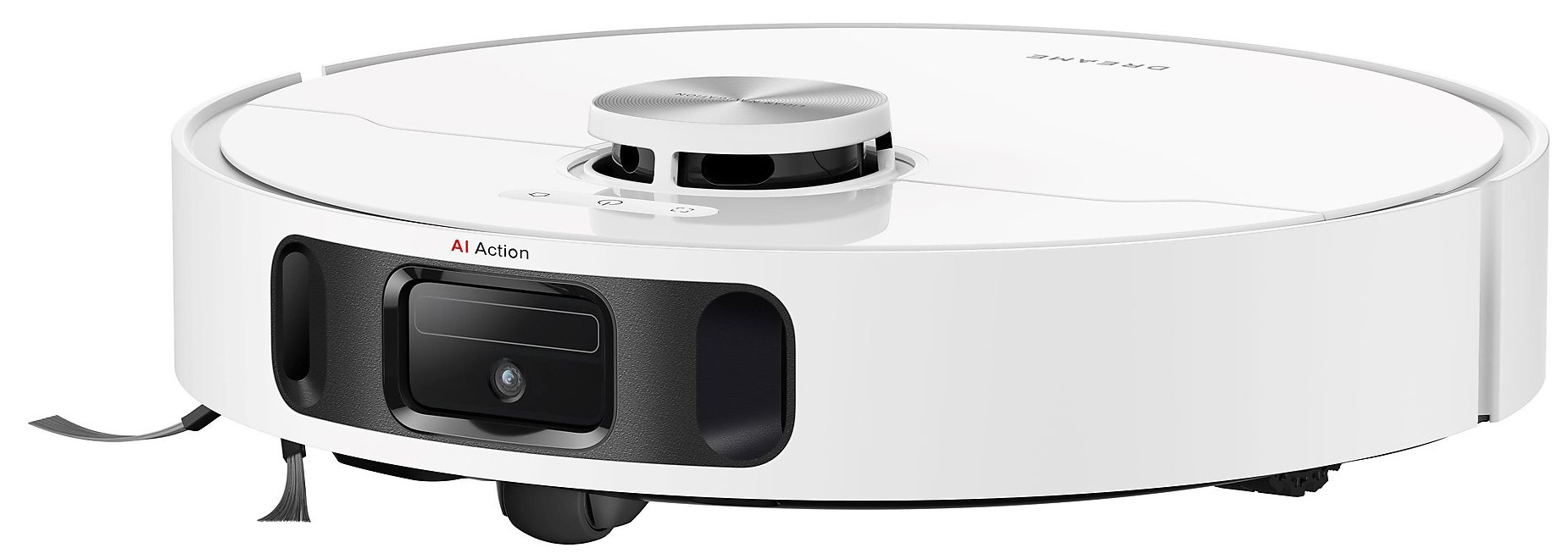 Biały odkurzacz automatyczny z czarną kamerą i napisem 'AI Action'.