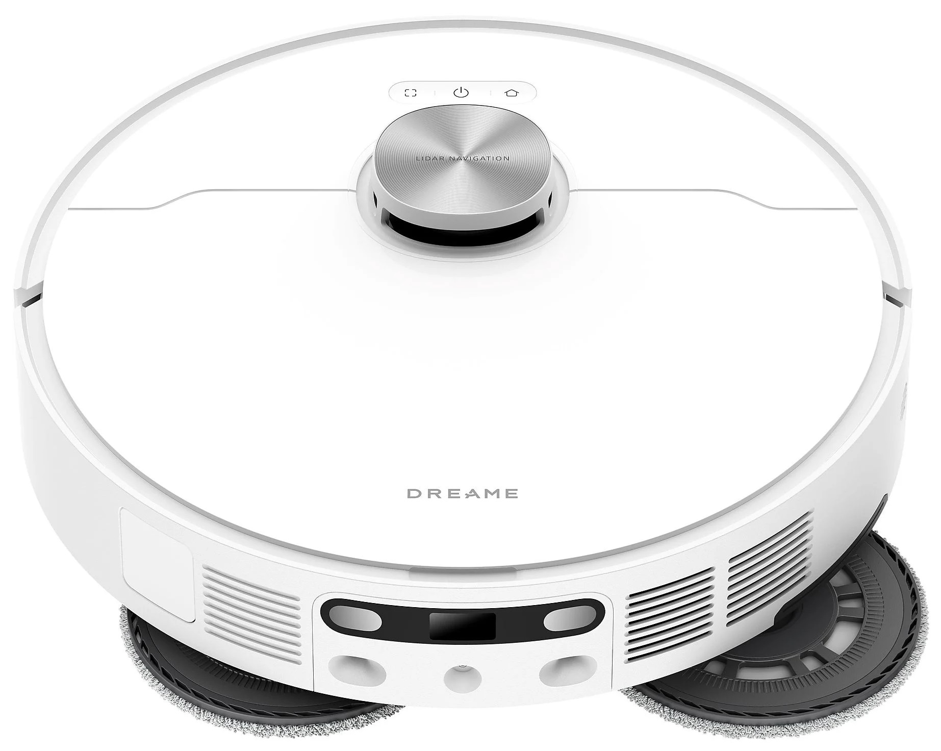 Biały robot odkurzający. Okrągły design, ze srebrną górą i dwoma nakładkami czyszczącymi.