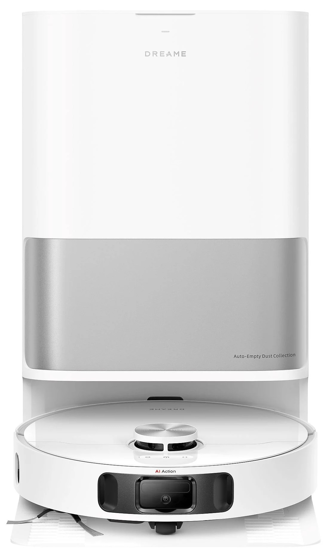 Biały odkurzacz robot Dreame z samoopróżniającym się pojemnikiem na kurz.