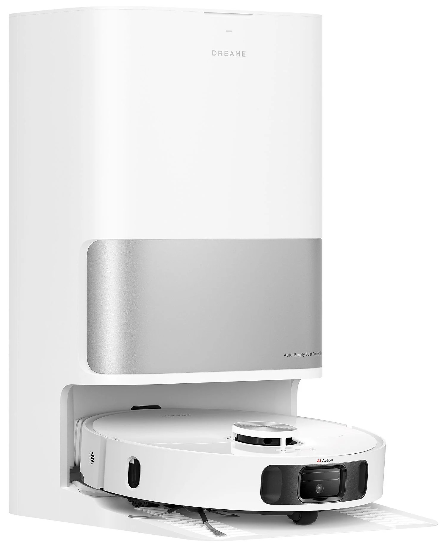 Biały robot odkurzający ze stacją dokującą. Odkurzacz jest biały i srebrny.