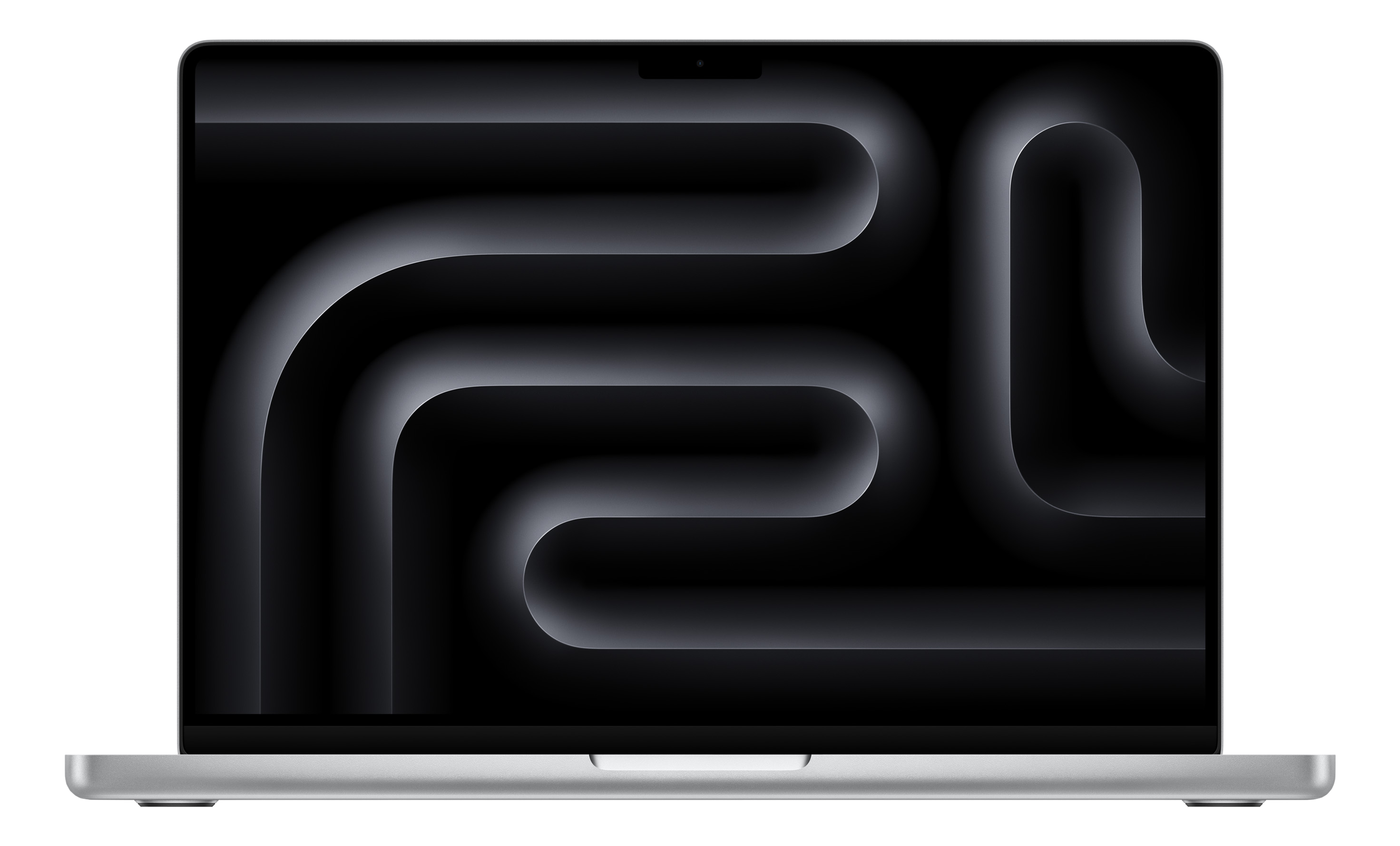 Un ordinateur portable argenté sur une surface noire. L'écran affiche un motif noir incurvé avec des ombres.