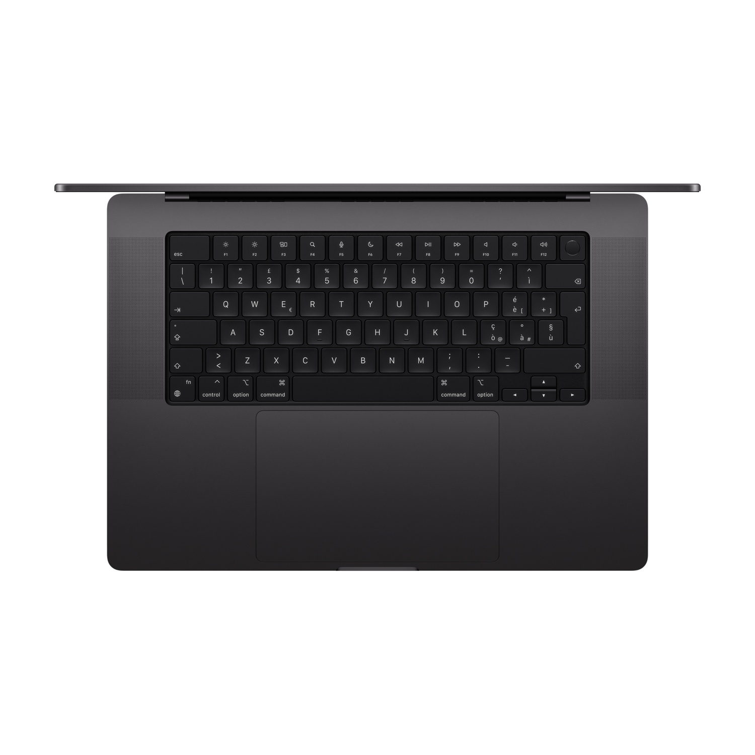 Laptop nero, vista dall'alto, tastiera visibile.