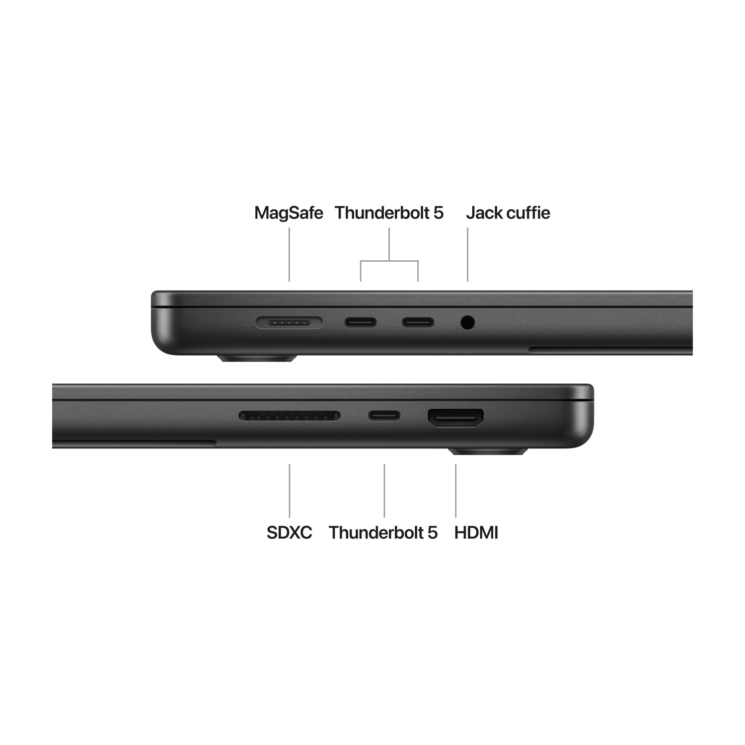 Primo piano del lato di un laptop che mostra le porte: MagSafe, Thunderbolt 5, Jack per cuffie, SDXC, HDMI.