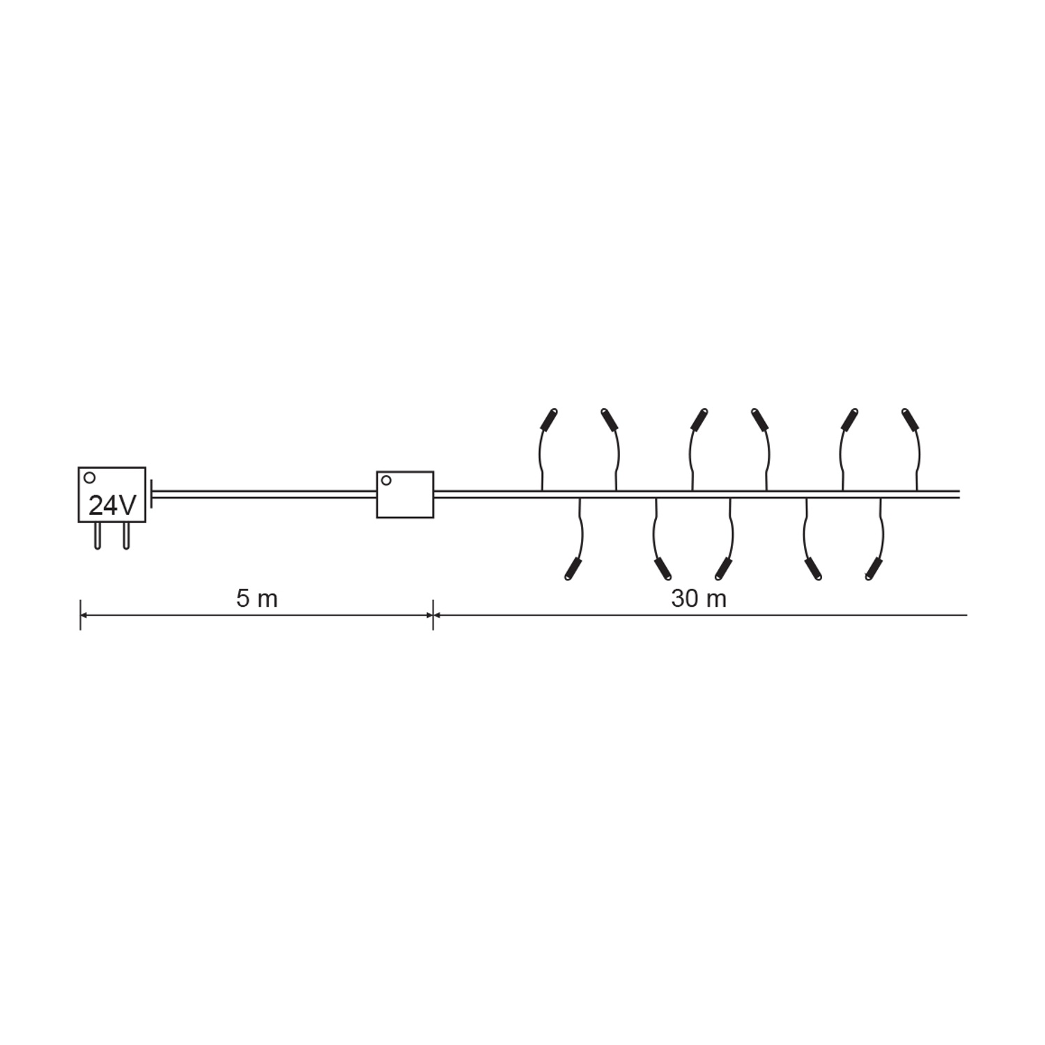 Diagramma lineare di una stringa di luci. Mostra un adattatore di alimentazione e una sezione di 30 m con luci.
