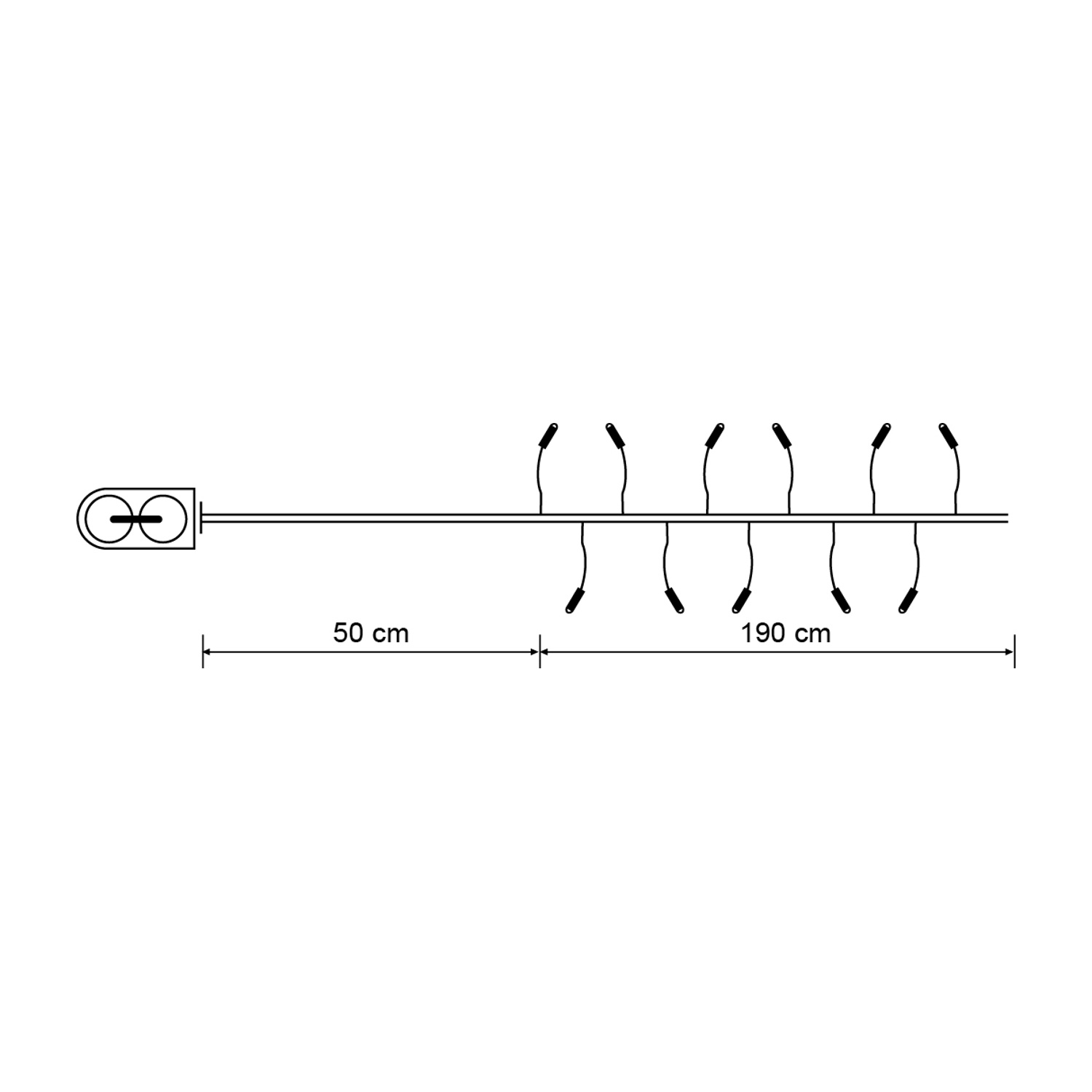 Un diagramma di luci su una barra, con misure: 50cm e 190cm. Nero su sfondo bianco.