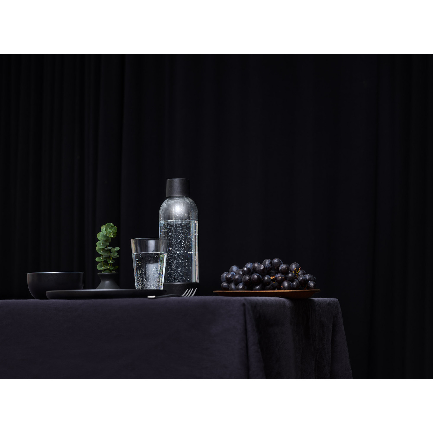 Tafel met waterfles, glas water, druiven en een kleine plant op een zwarte achtergrond.