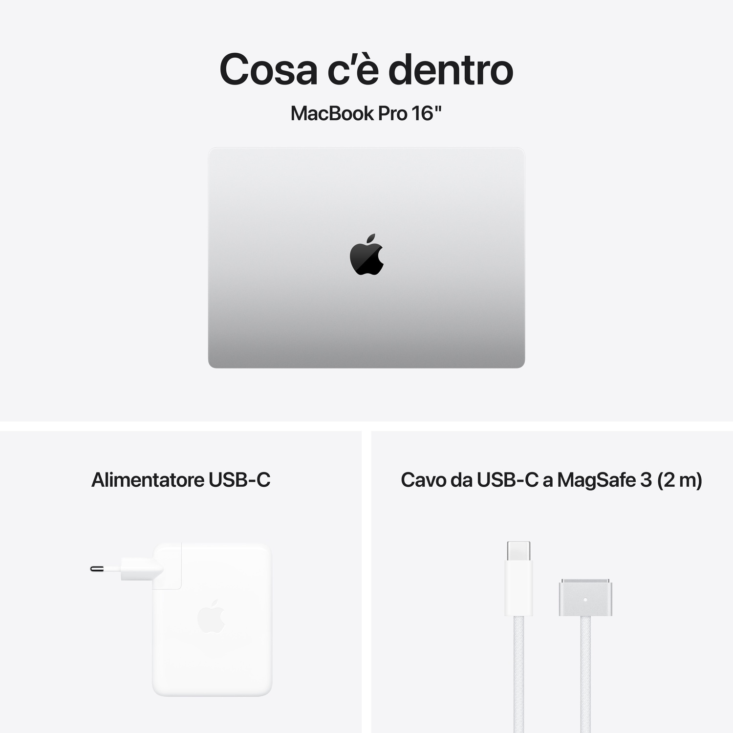 Un laptop, un caricatore USB-C e un cavo USB-C a MagSafe con testo: Cosa c'è dentro.