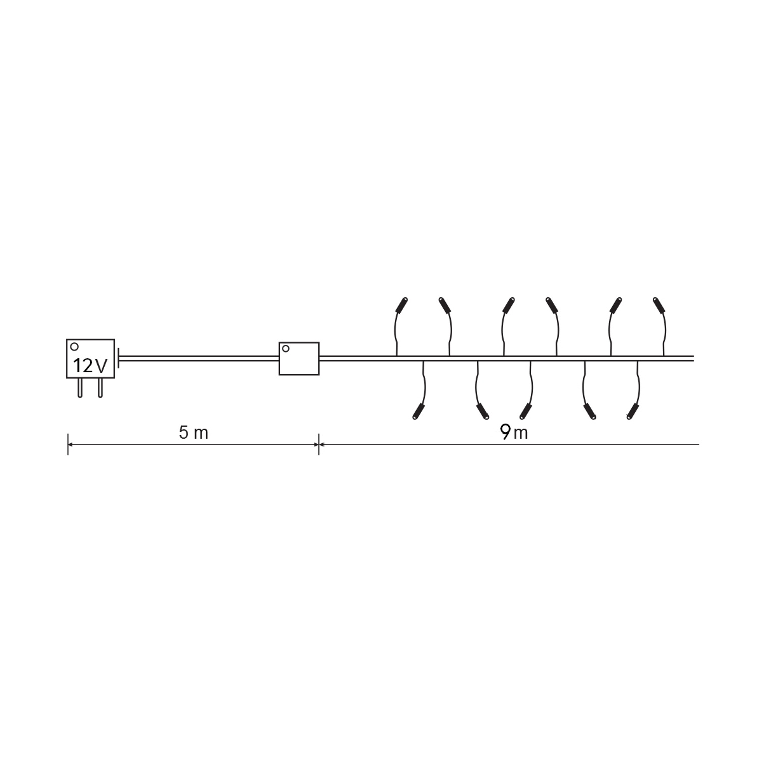 Un diagramma di una spina da 12 V con cavo e luci.