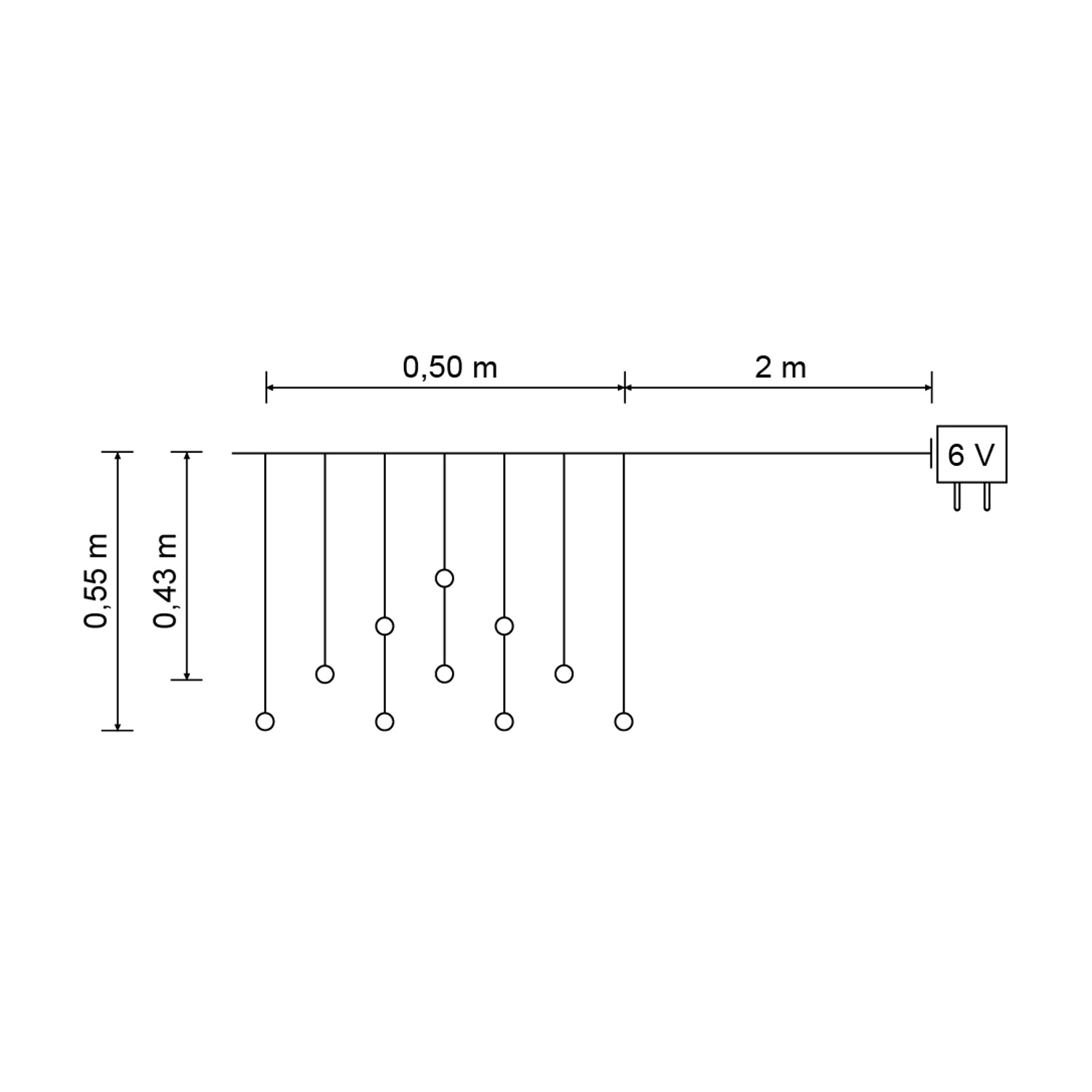 Diagramma di una serie di luci, con dimensioni etichettate e una fonte di alimentazione da 6V.