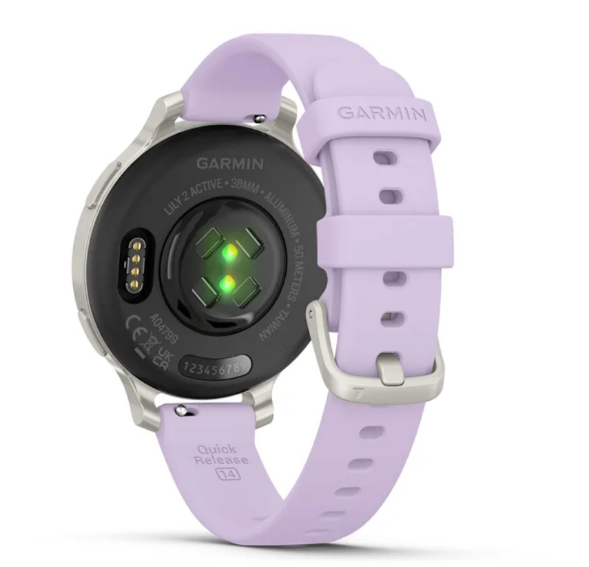 Smartwatch Garmin Lily 2 Active z lawendowym paskiem, widok z tyłu pokazujący czujniki.