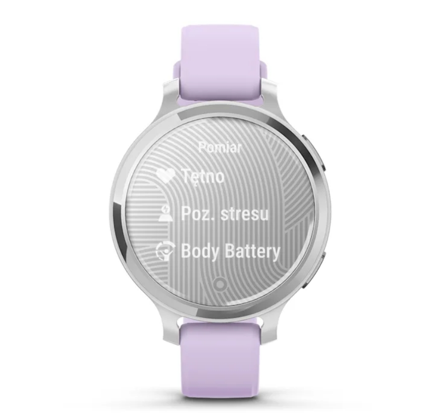 Srebrny smartwatch z fioletowym paskiem wyświetla wskaźniki zdrowia na ekranie.