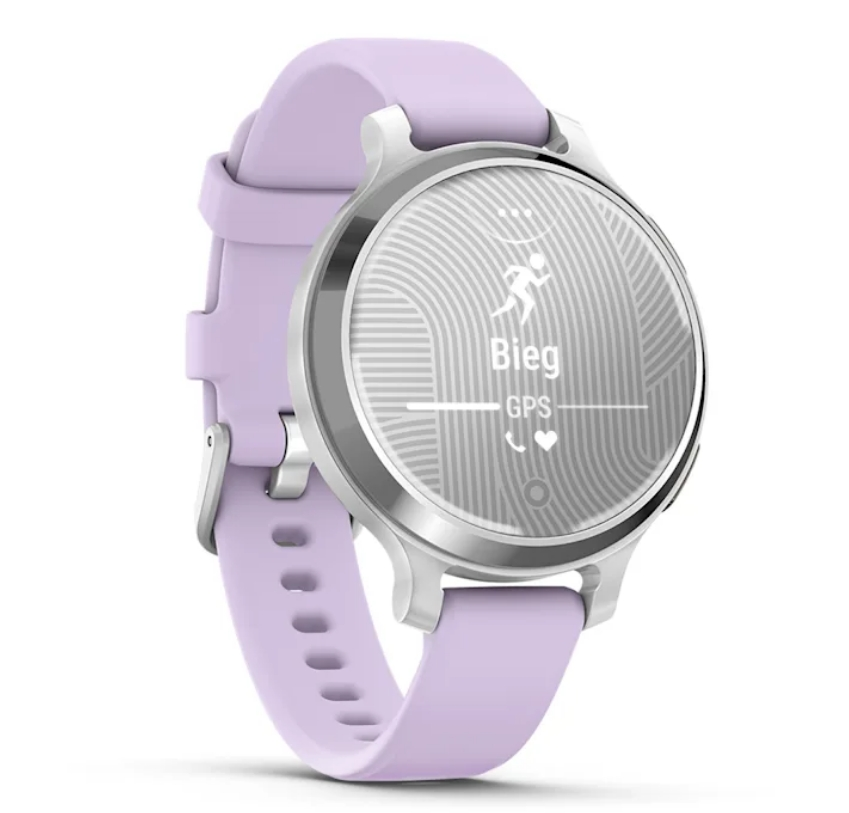 Jasnofioletowy smartwatch ze srebrną kopertą i srebrnym ekranem. Zegarek wyświetla ikonę biegacza.