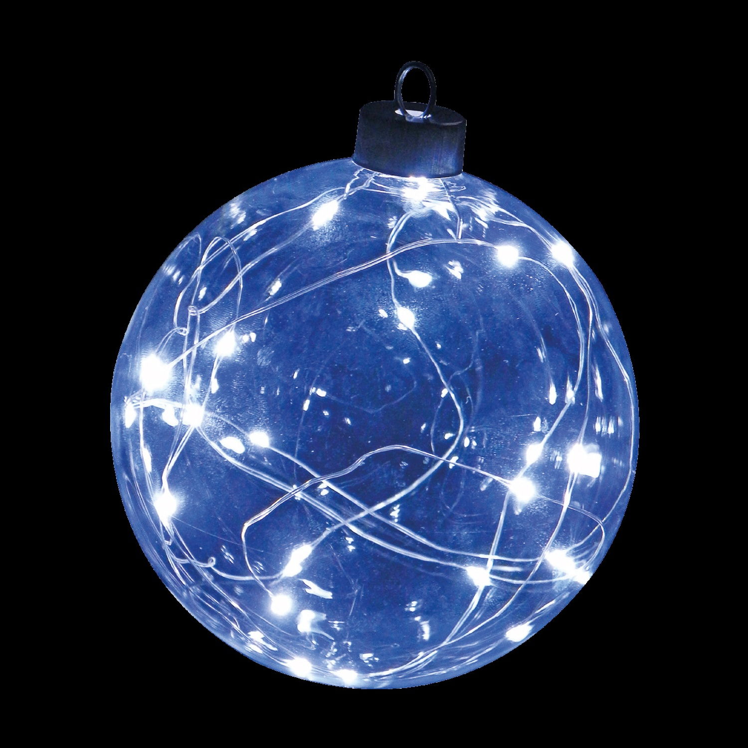 Ornamento natalizio blu con luci bianche all'interno, sfondo nero.
