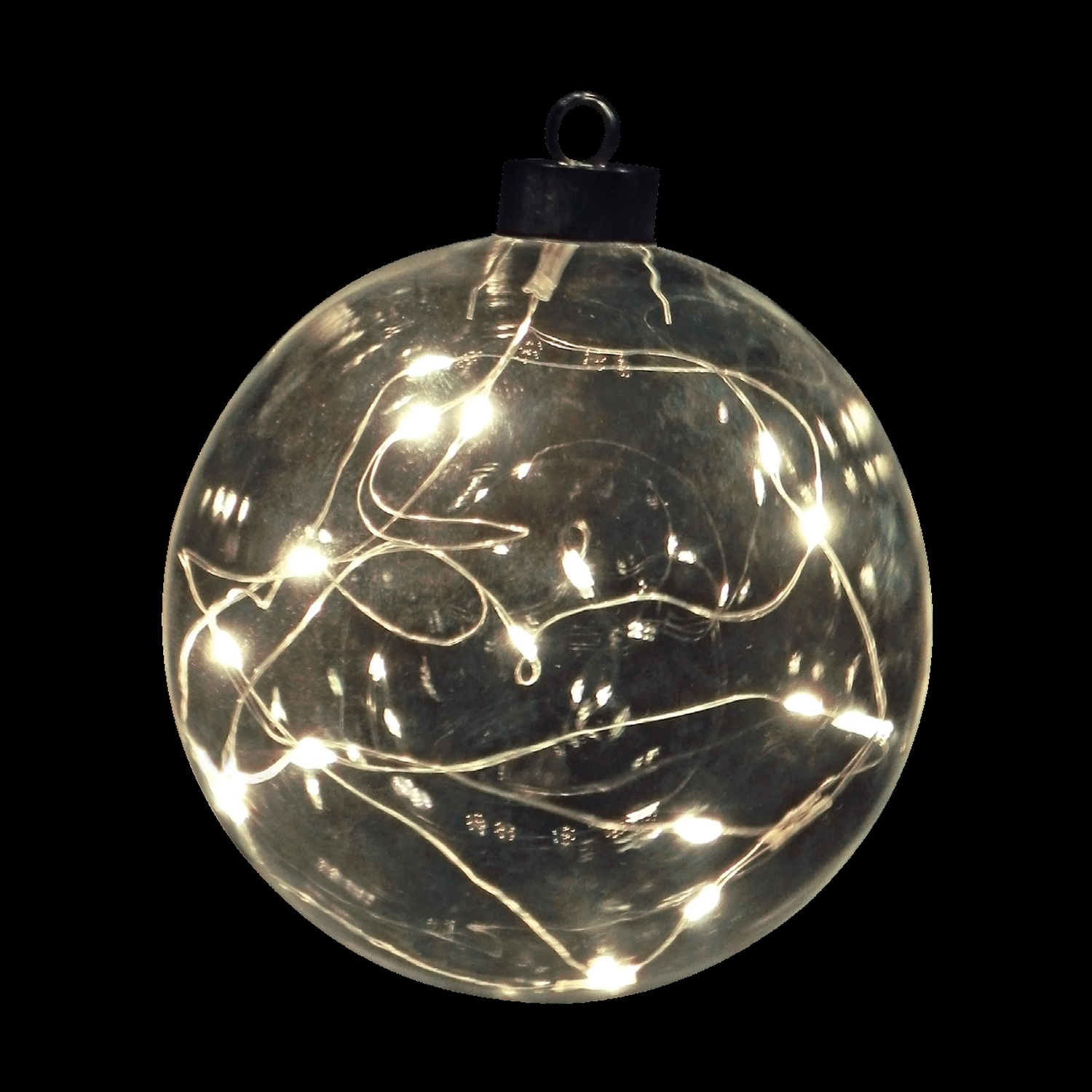 Ornamento natalizio trasparente con luci a filo all'interno, sfondo nero.