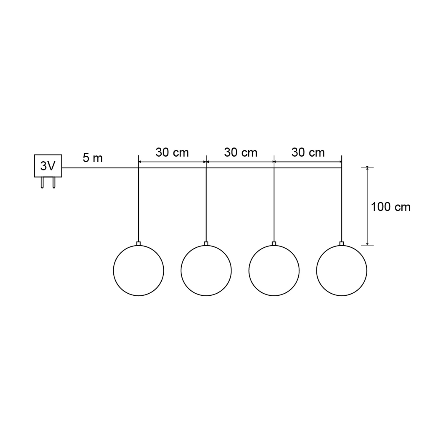 Disegno a linea, quattro luci a sospensione con distanze etichettate.