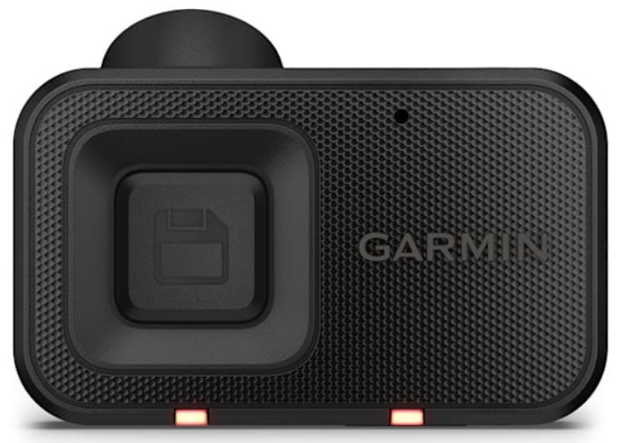 Czarna kamera sportowa Garmin z obiektywem, przyciskiem i czerwonymi światłami na dole.
