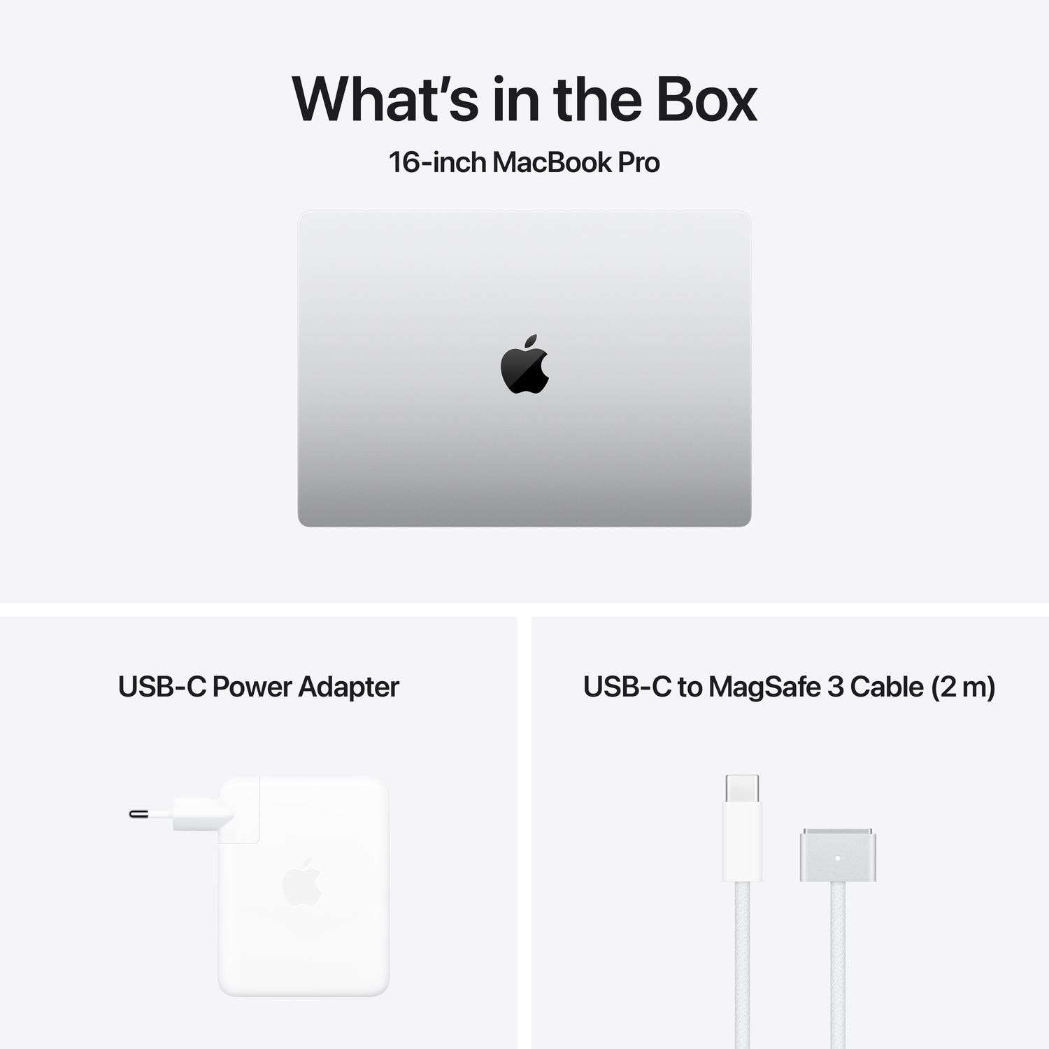 Top-down view of a silver laptop with a black apple logo. Text: USB-C Power Adapter, USB-C to MagSafe cable.
