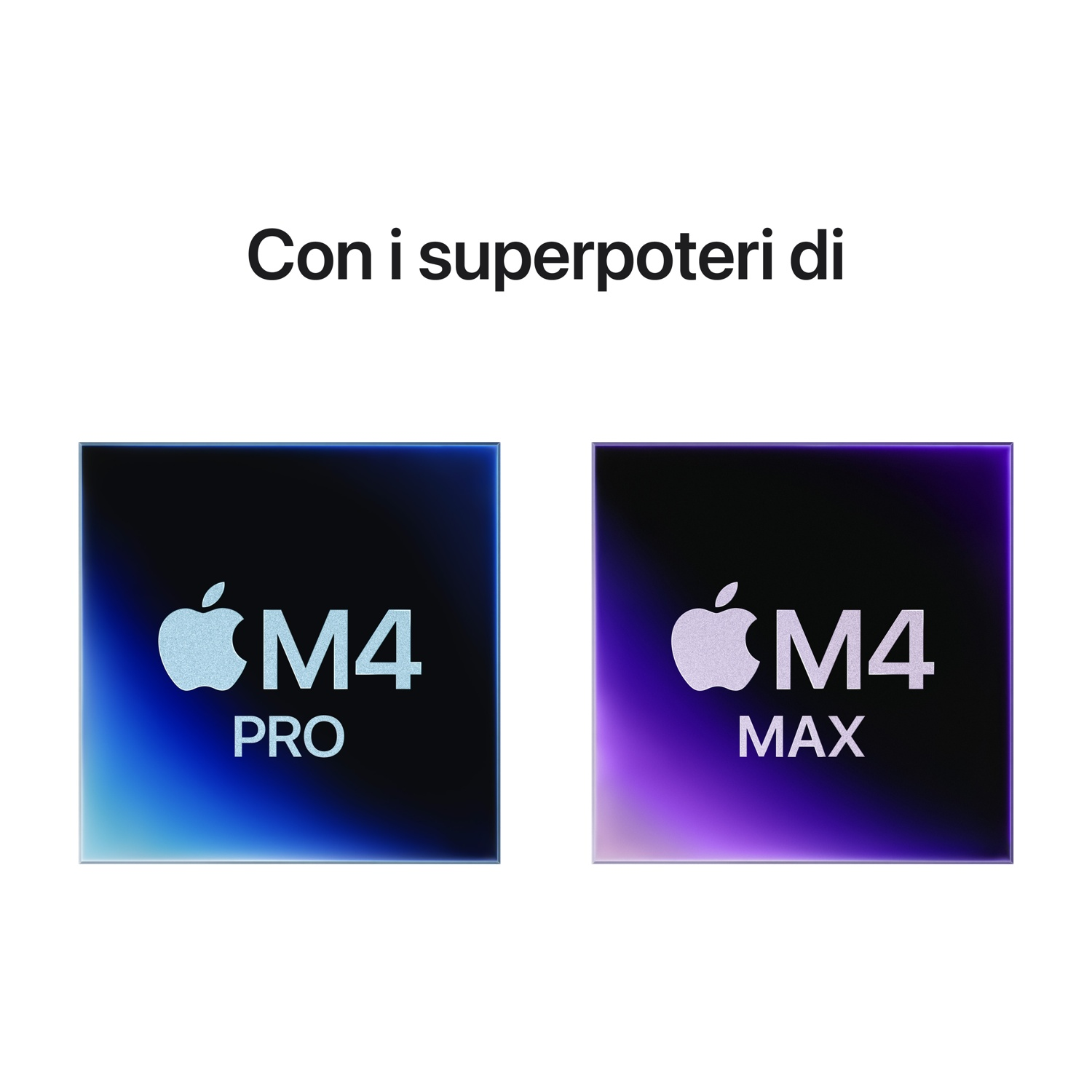 Due quadrati con testo 'M4 Pro' e 'M4 Max', logo Apple, gradienti blu e viola.