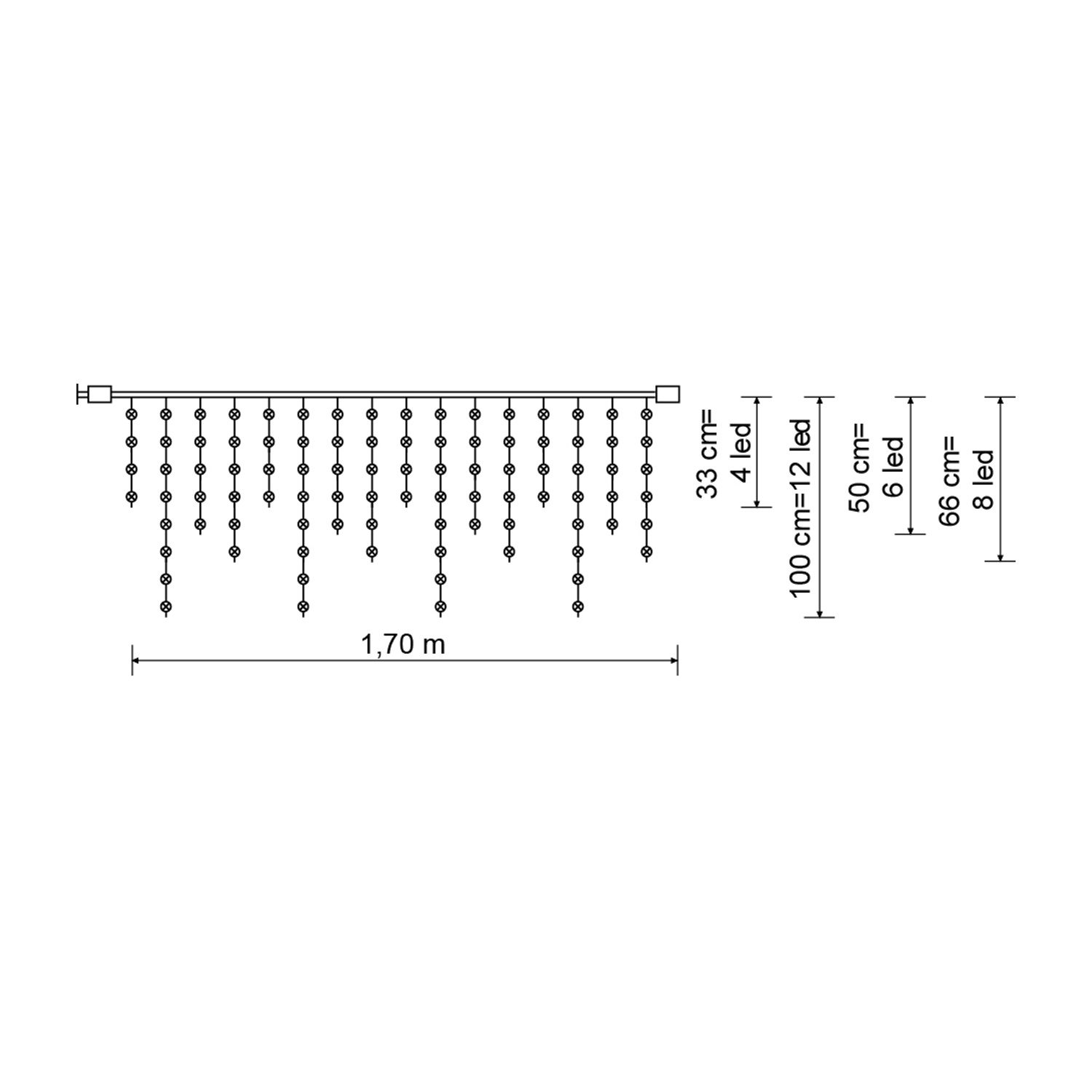 Disegno tecnico di una stringa di luci LED con dimensioni e misure.