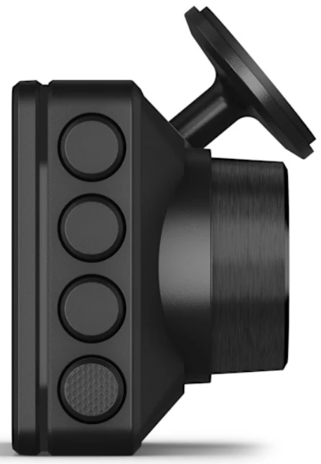 Czarna kamera samochodowa z przyciskami i obiektywem. Widok z boku, z ramieniem montażowym.