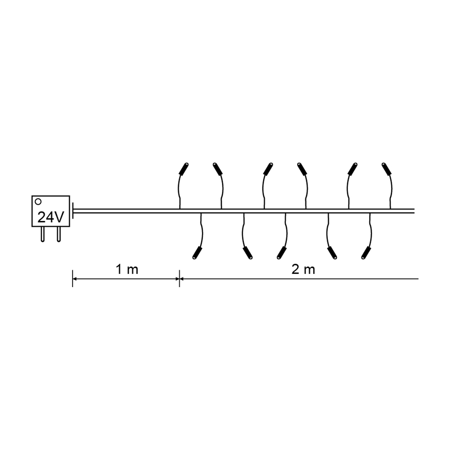 Un diagramma di una serie di luci su un filo, con misure e un alimentatore.