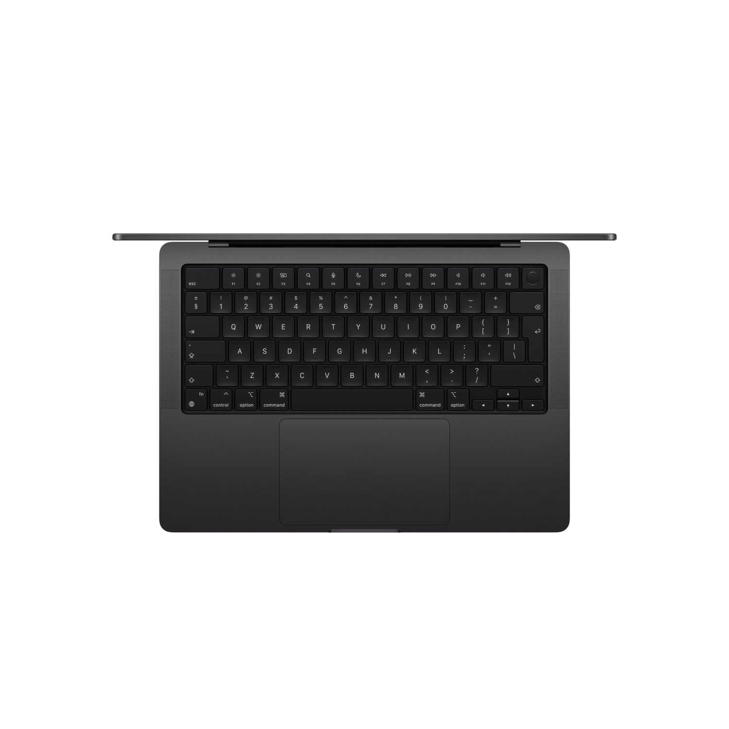 Een zwart laptoptoetsenbord met een trackpad, van bovenaf bekeken. Het scherm is gesloten.