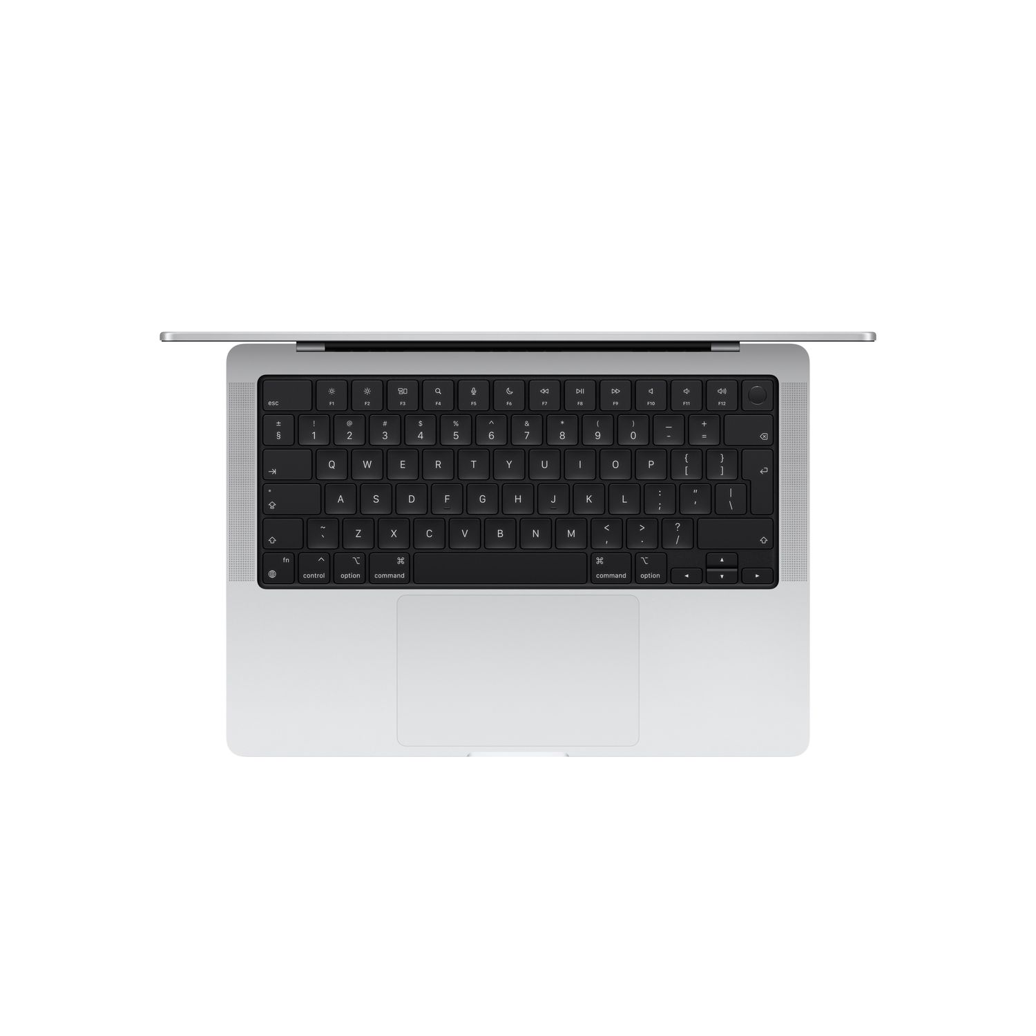 Laptop keyboard from above, silver body, black keys, white background.