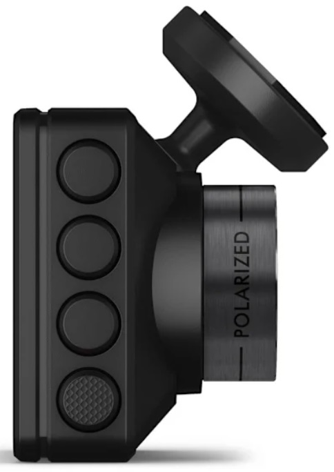 Czarna kamera samochodowa z przyciskami i obiektywem polaryzacyjnym, widok z boku.