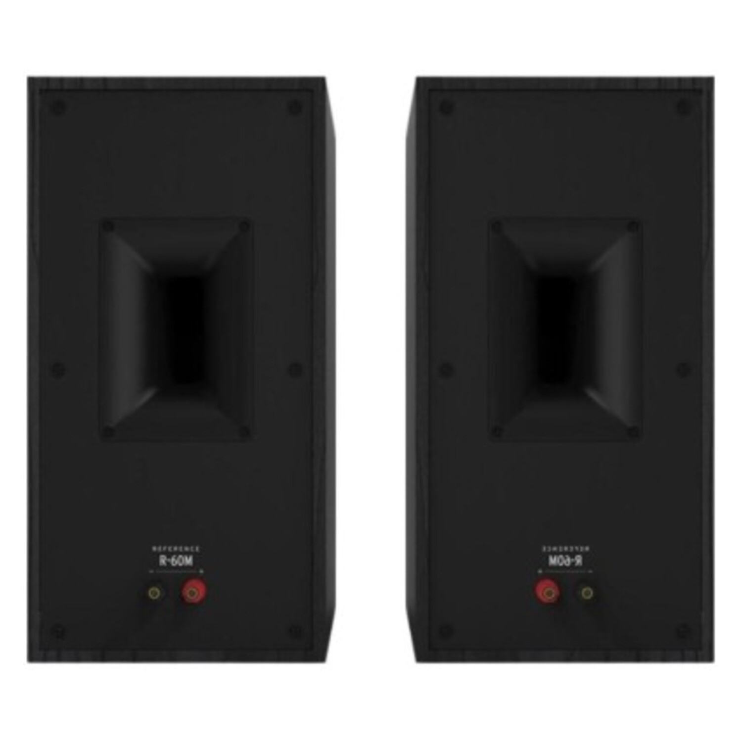 Twee zwarte Klipsch-luidsprekers, achteraanzicht. Hoornvormige opening, rode en zwarte poorten.