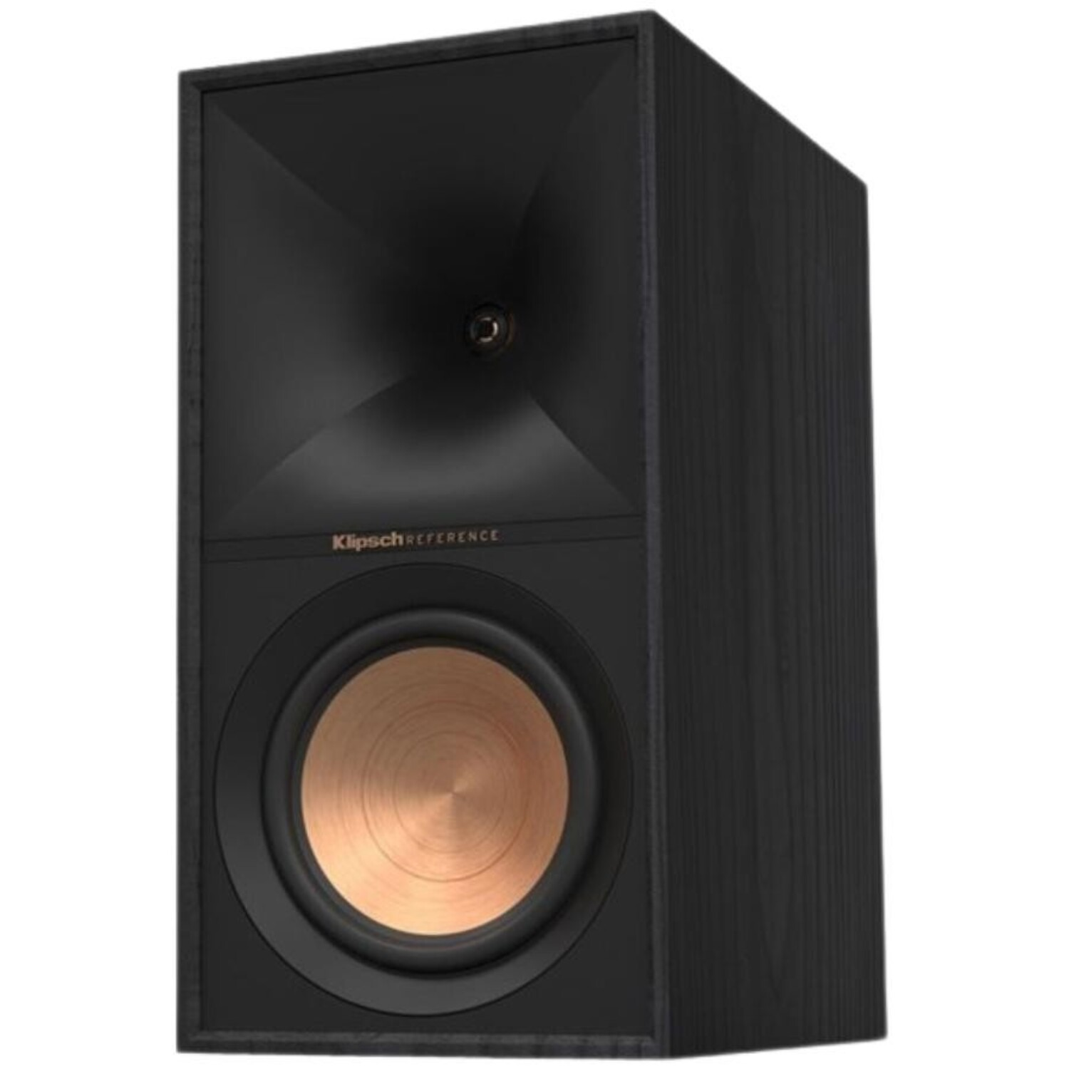 Zwarte luidspreker met een goudkleurige luidspreker in het midden. Klipsch Reference logo vooraan.