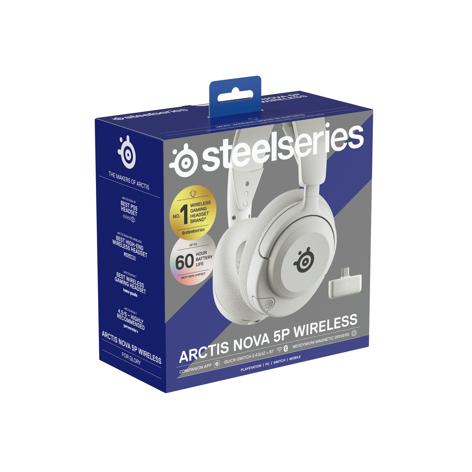 Doos toont witte Steelseries Arctis Nova 5P Wireless headset. Het heeft een blauwe handgreep en witte en blauwe tekst.