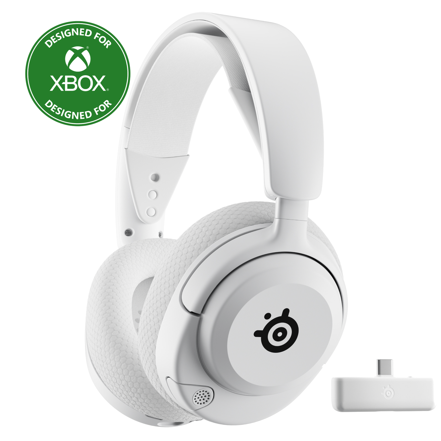 Casque de jeu blanc, avec un récepteur sans fil blanc. Le casque porte le logo Xbox.