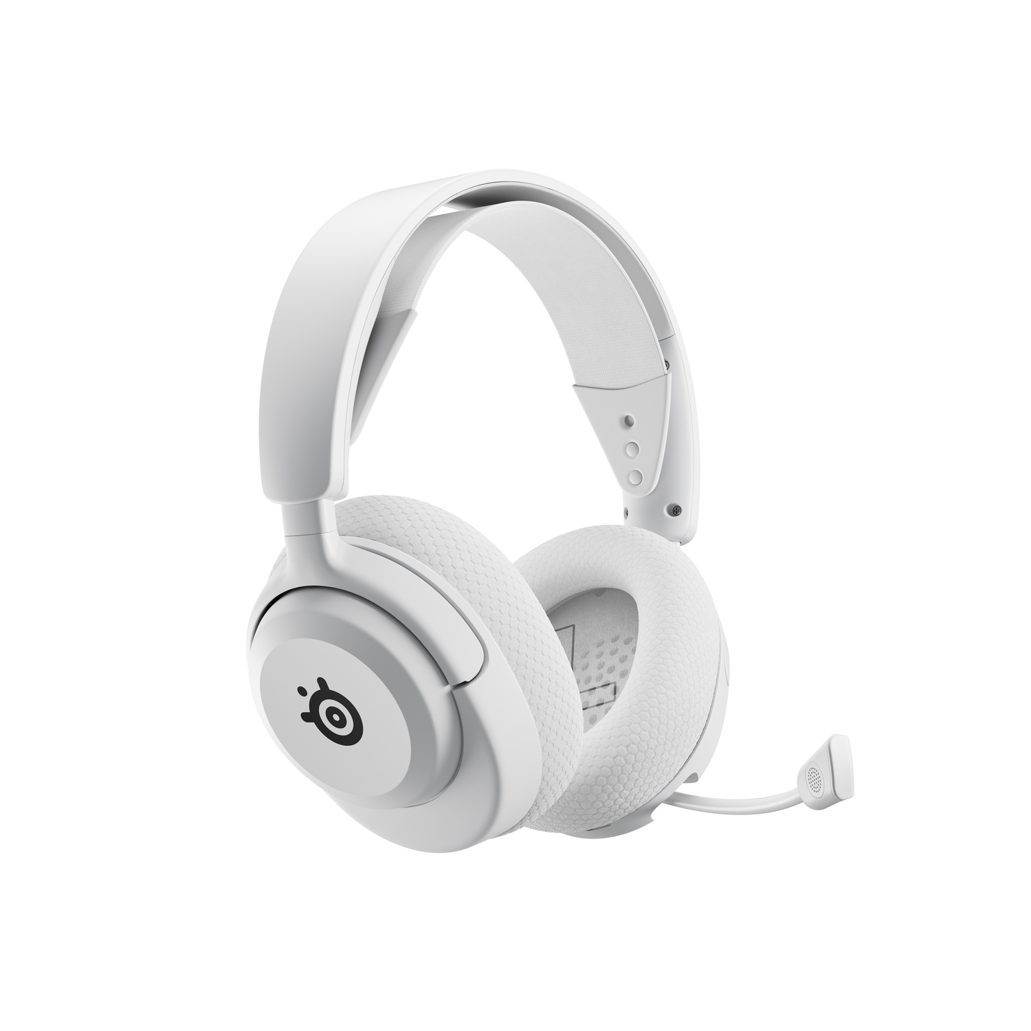 Casque blanc avec micro, incliné vers la droite.