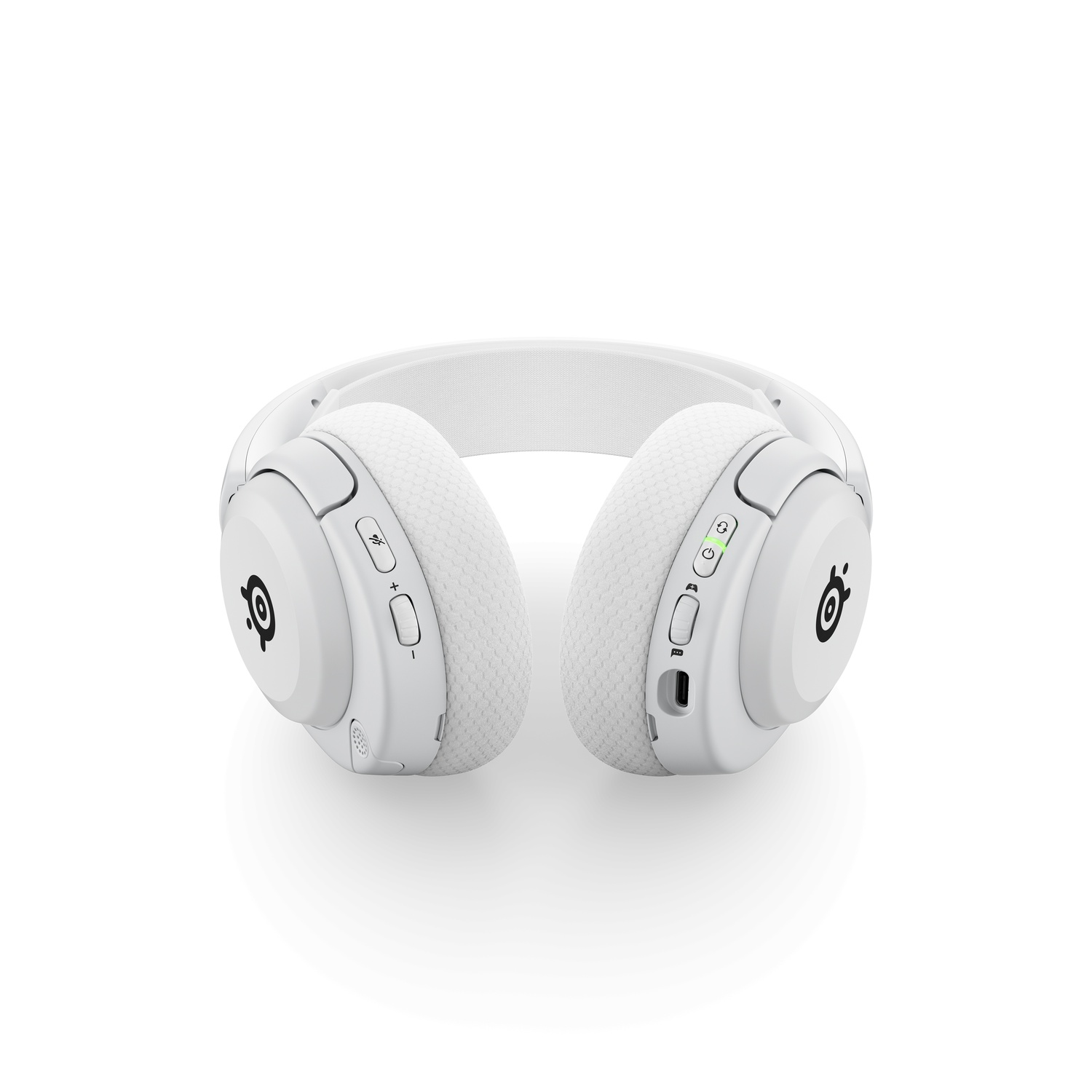 Casque blanc, vue de dessus, avec boutons et logo, sur fond blanc.