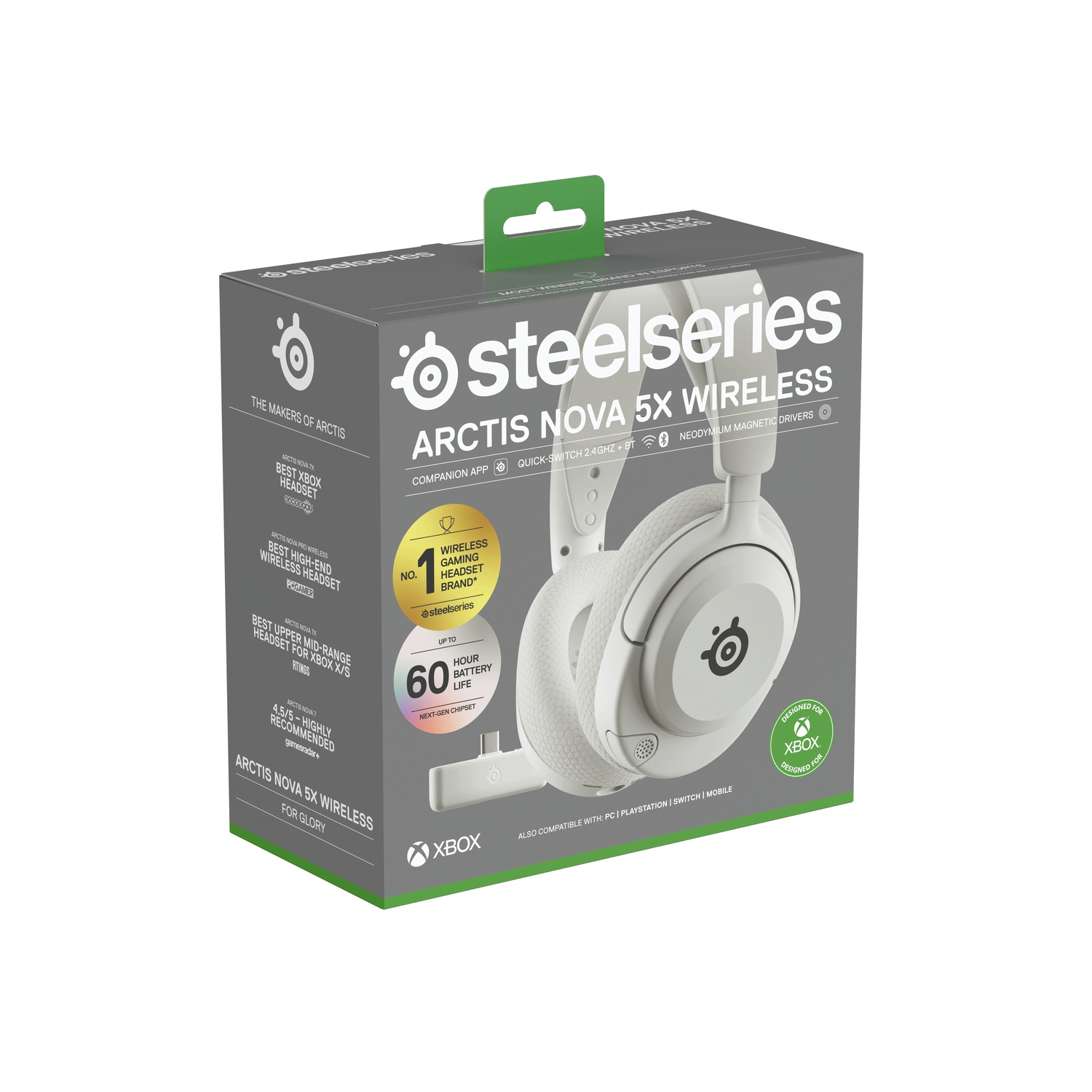 Casque gaming sans fil SteelSeries Arctis Nova 5X blanc dans sa boîte.