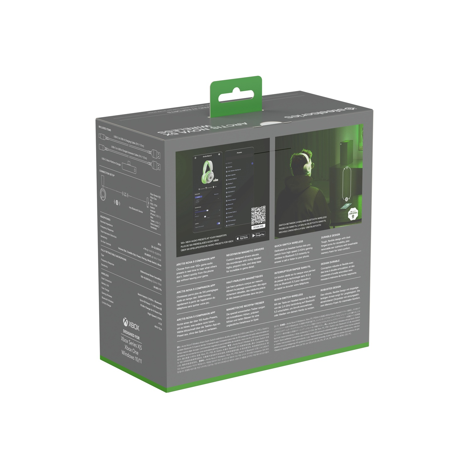 Boîte de casque avec des touches de vert, détails du produit et image du casque. Fond blanc.