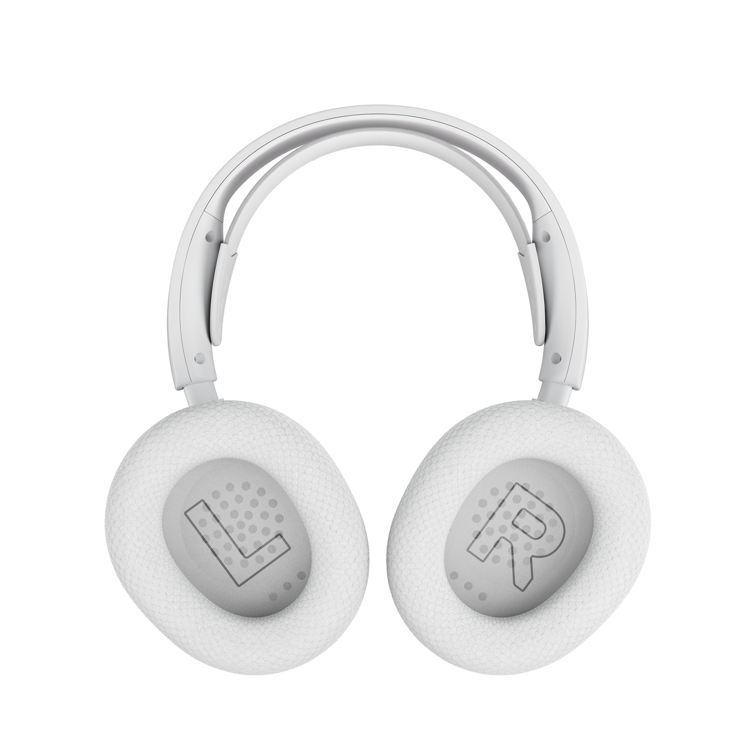 Casque blanc avec bandeau. Les écouteurs portent les lettres 'L' et 'R'.