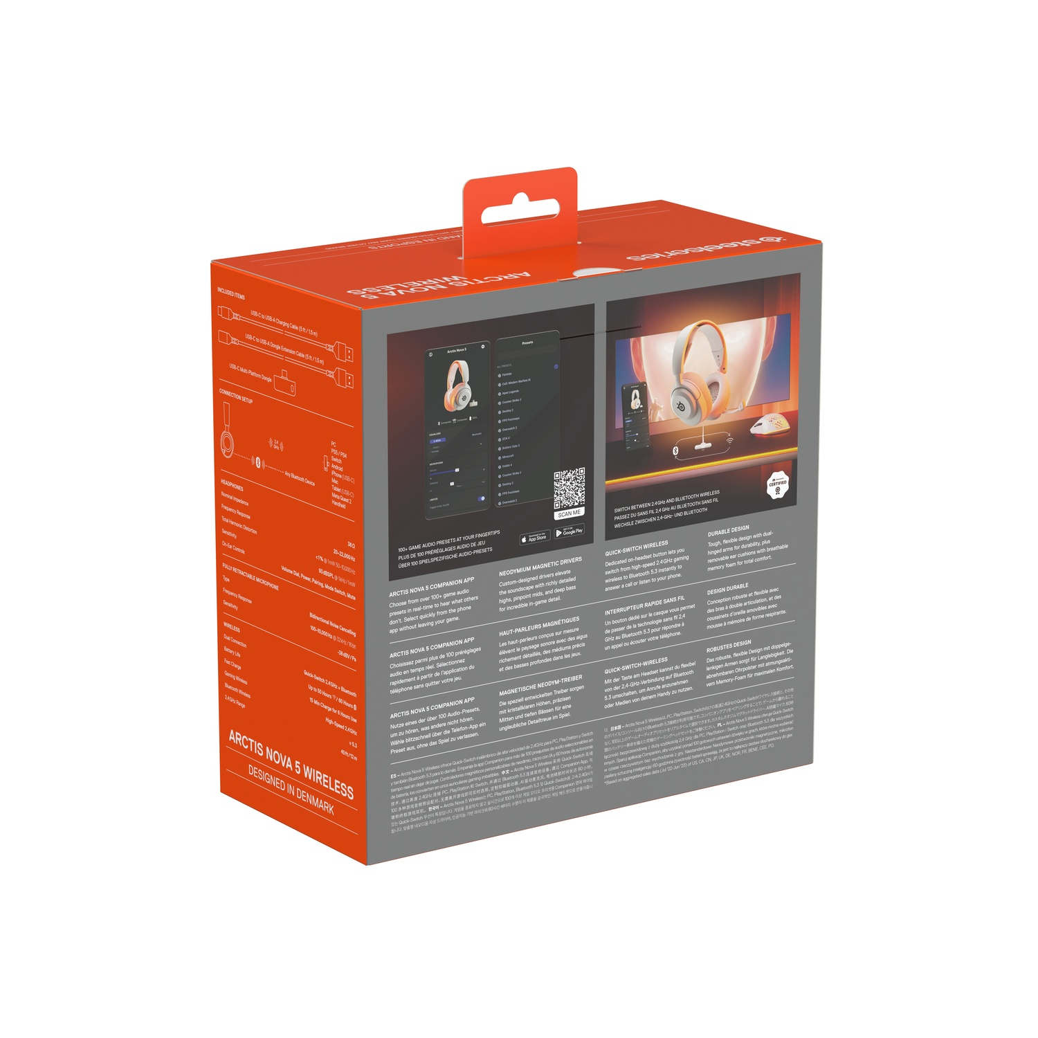 Une boîte orange et blanche avec des détails et des images du produit, vue en angle, fond blanc.