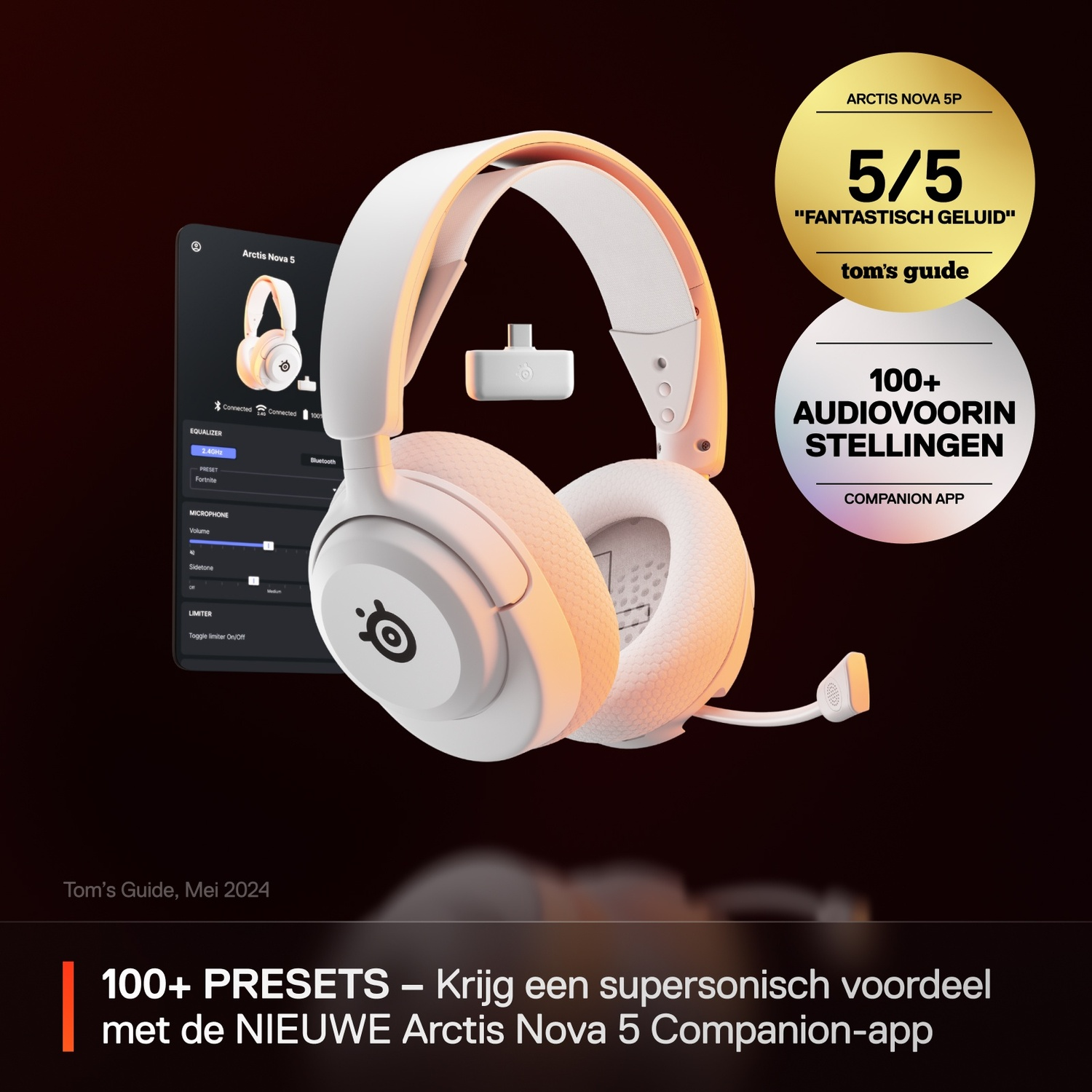 White headphones with a microphone and a wireless receiver, alongside text on a black background.