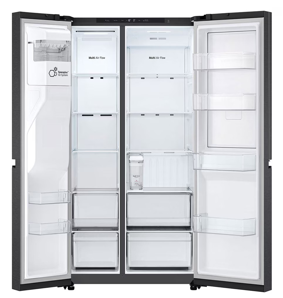 Otwarta czarna lodówka z wieloma półkami i szufladami. Białe wnętrze.