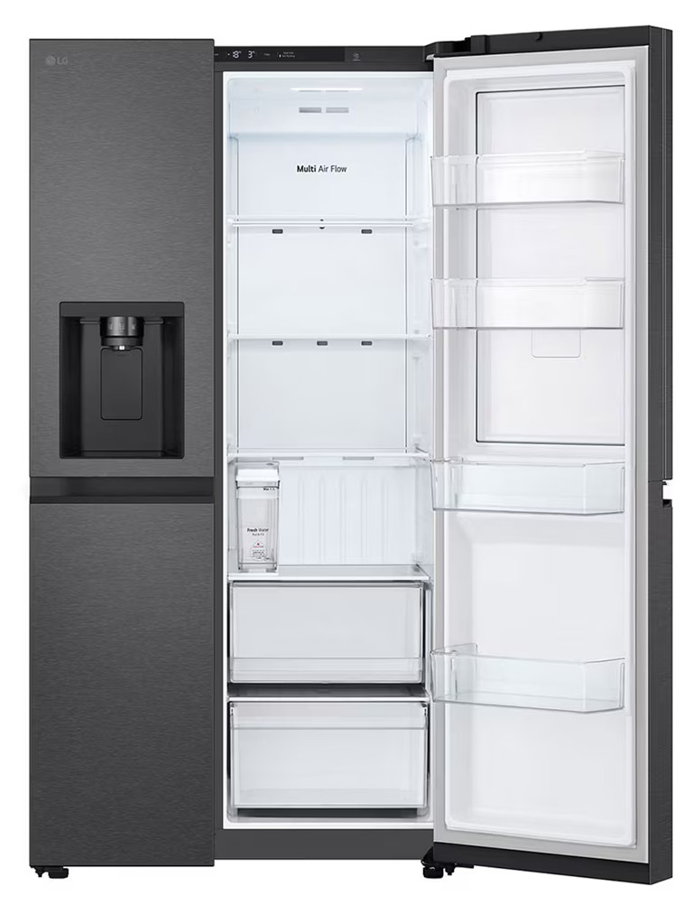 Ciemnoszara lodówka LG, otwarta, pokazująca wewnętrzne przegrody.