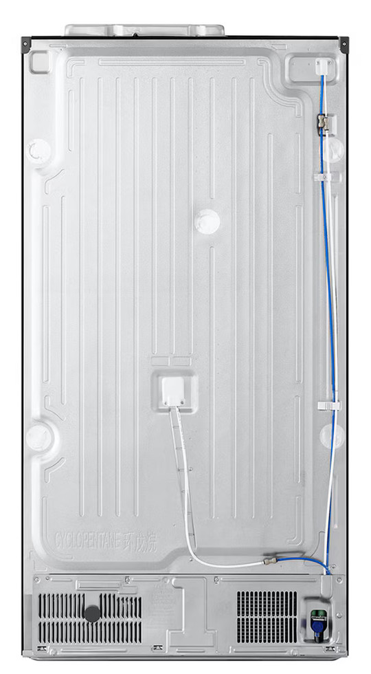 Widok z tyłu lodówki z białymi, niebieskimi i czarnymi elementami.