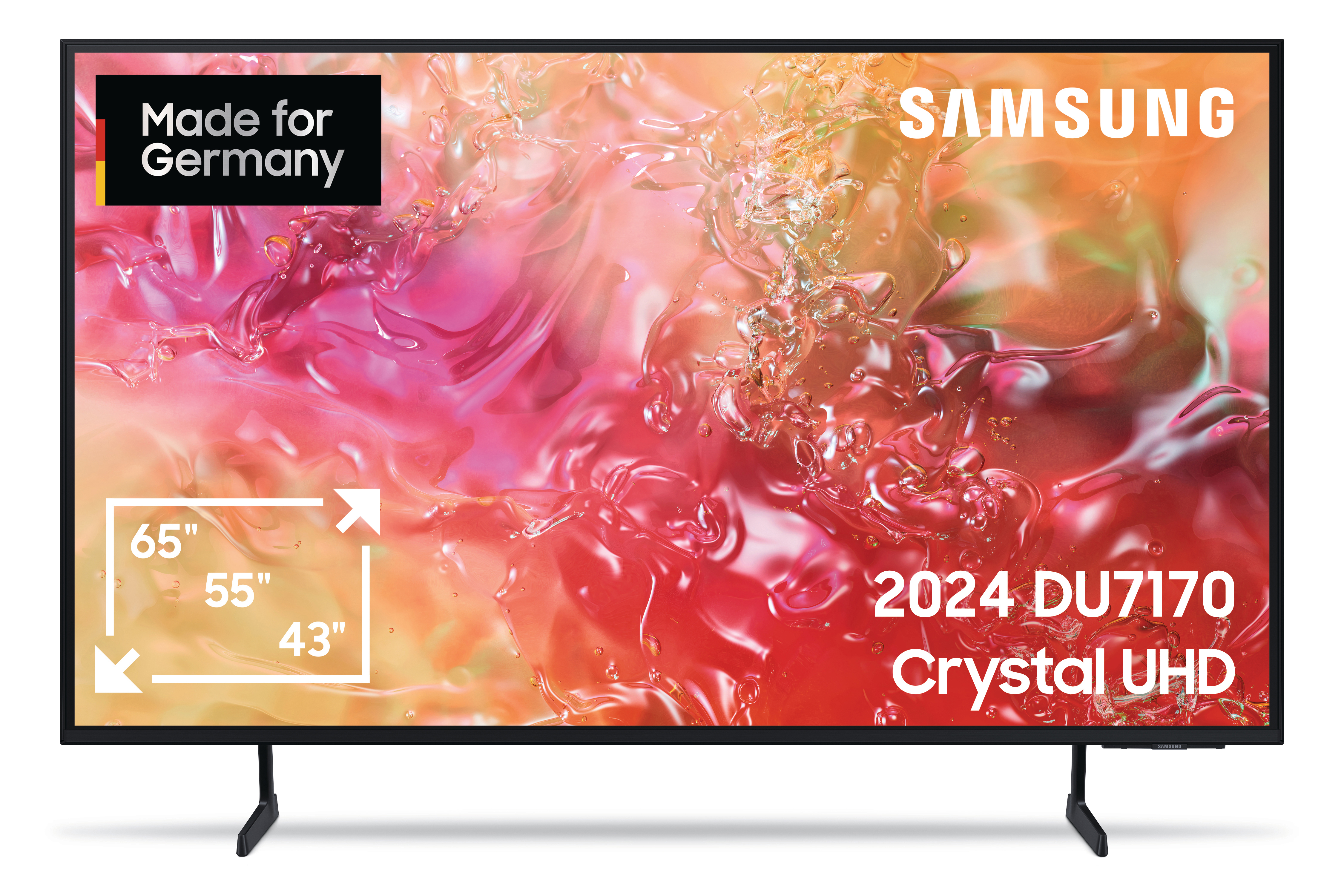 Samsung TV-Bildschirm mit 3 Größen. Eine Mischung aus roten, orangefarbenen und gelben Farben.