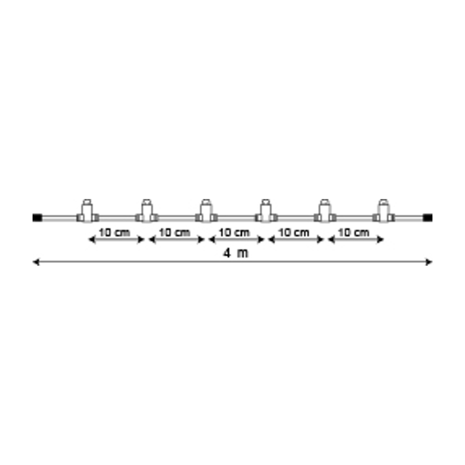 Diagramma di una catena di luci da 4 metri, con 7 luci distanziate a intervalli di 10 cm.