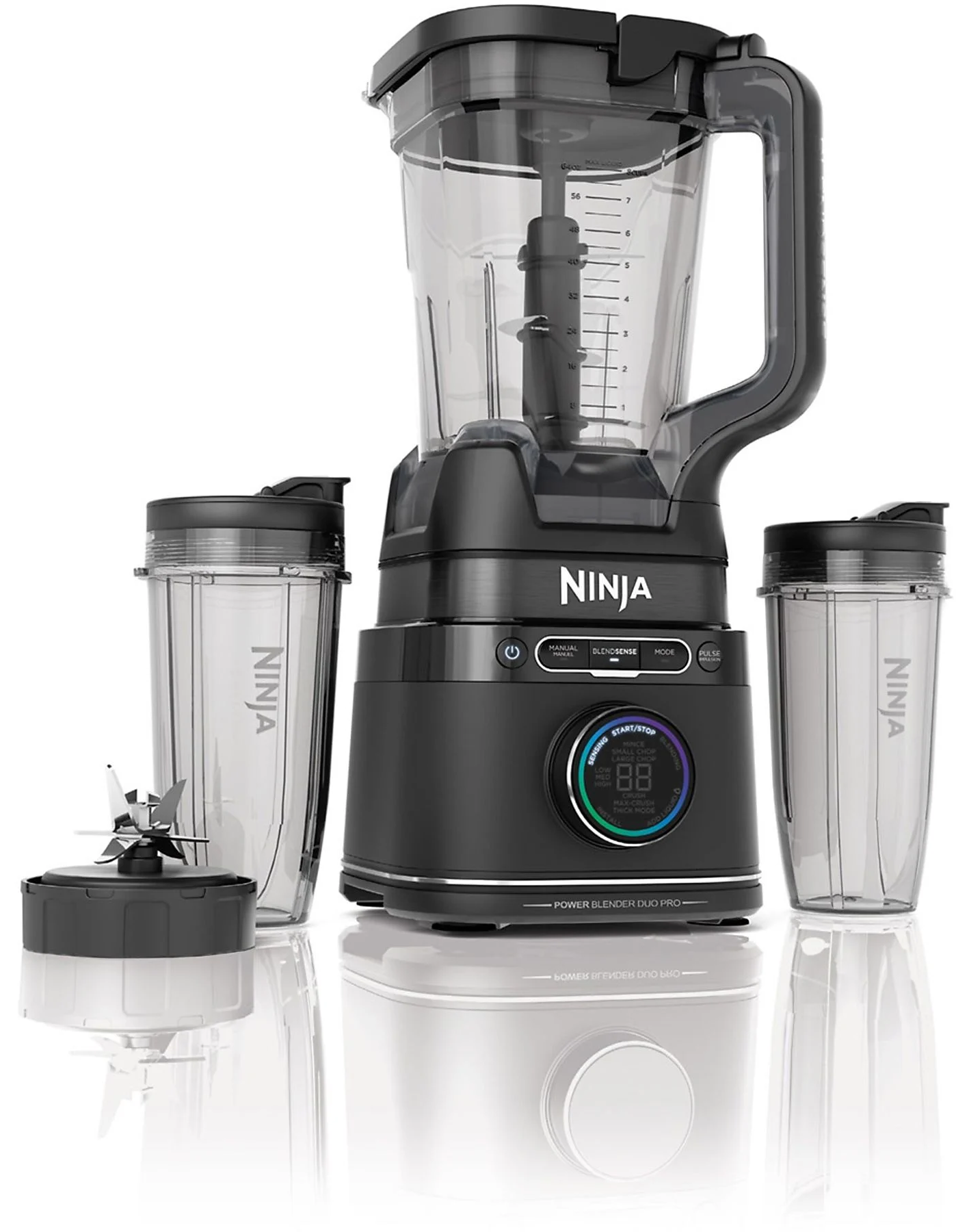 Egy Ninja Power Blender Duo Pro két pohárral és egy pengével látható.